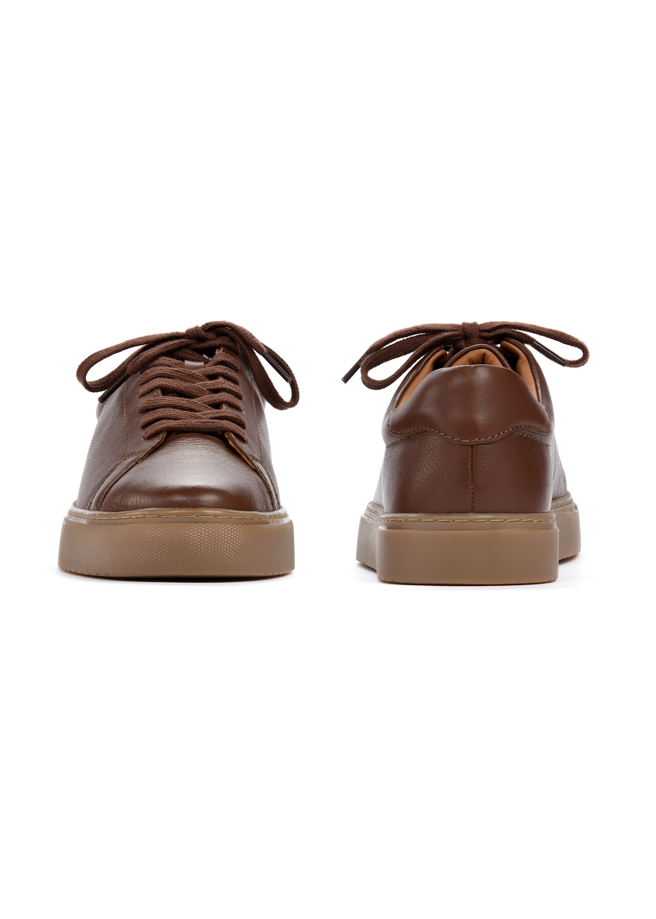 Brown leather sports shoes BUTYM-0503-87(W25), front and back product view on white background.
