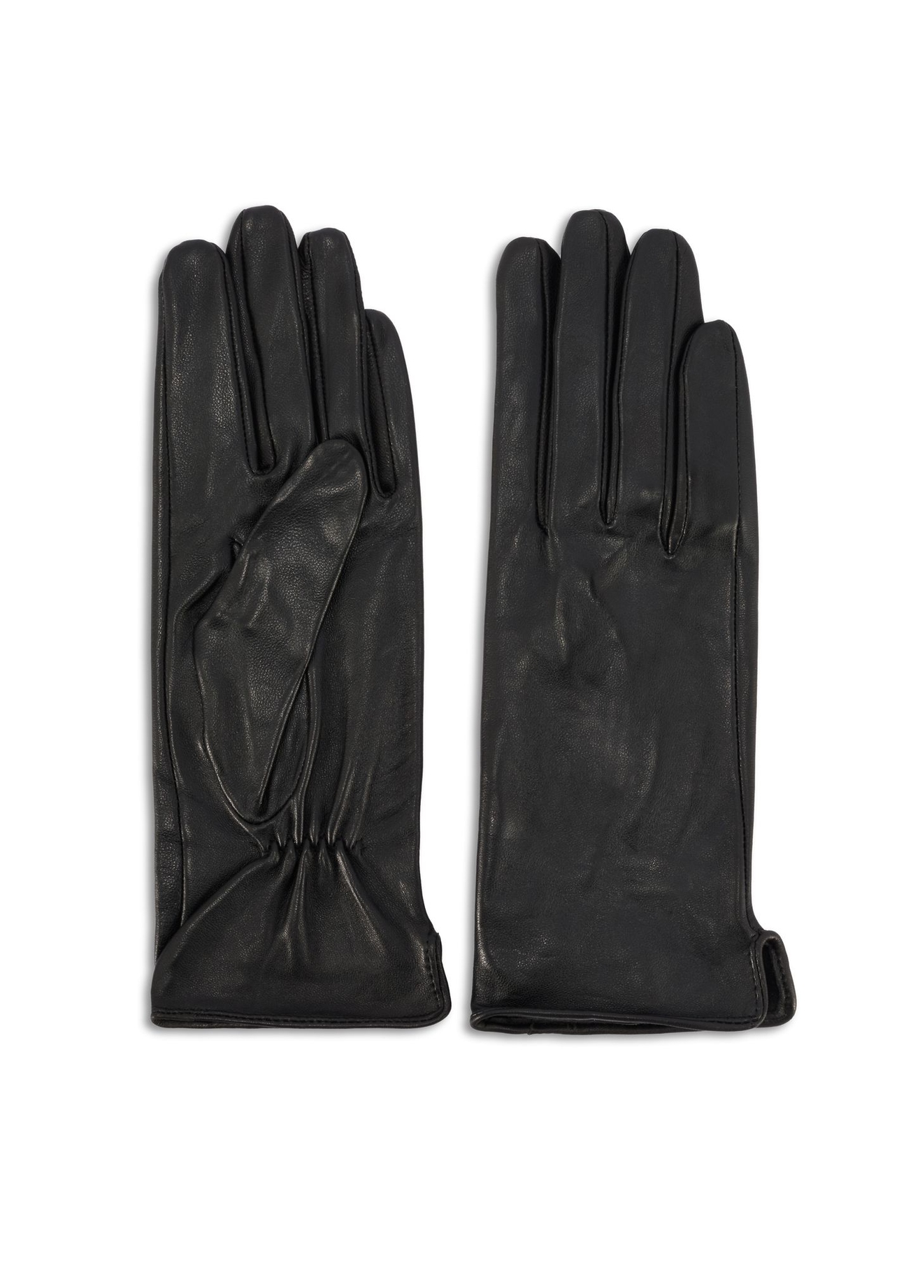 Black women's leather gloves REKDS-0100-99(Z26), product view from the front and back on a white background.