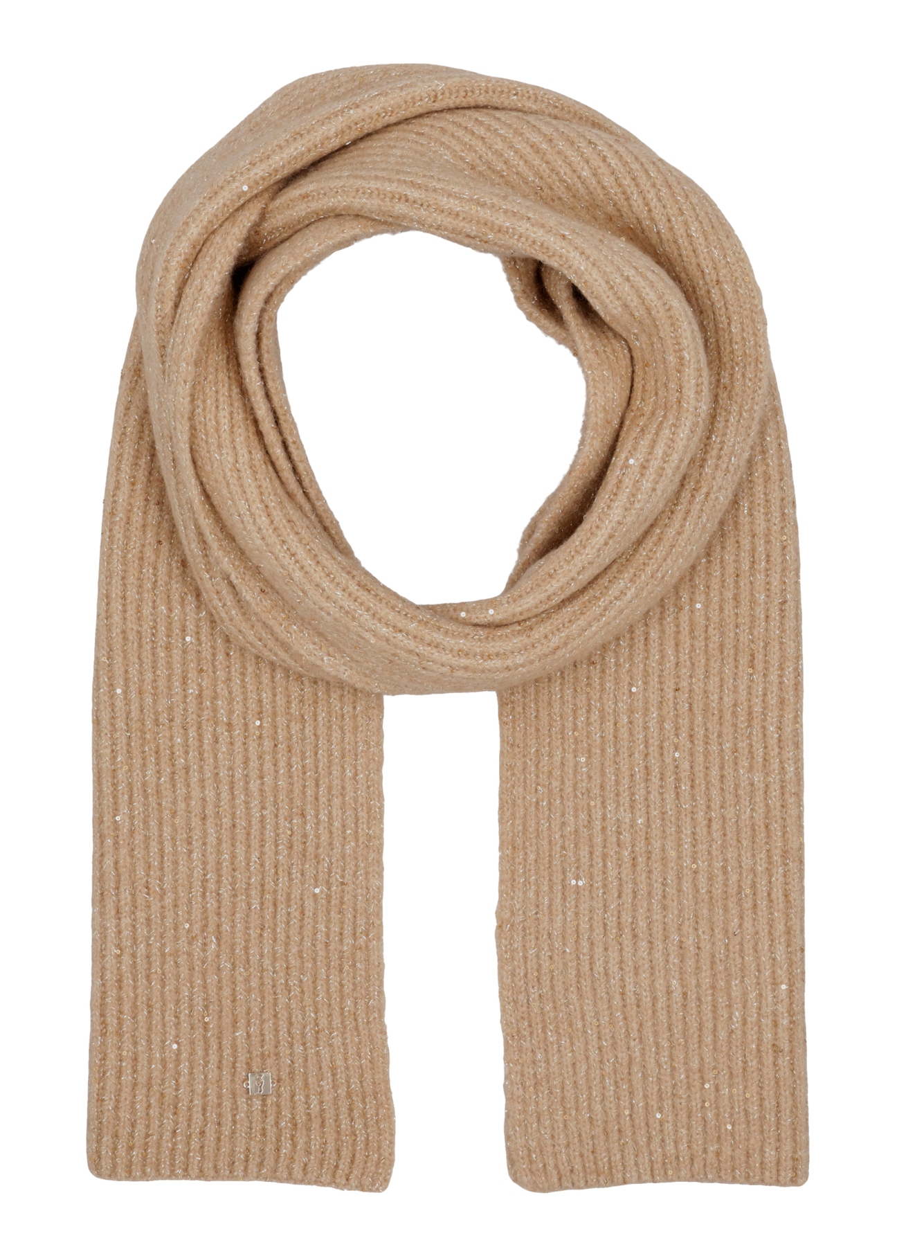Women's camel scarf with sequins SZADT-0225-1D(Z26), front product view on white background.