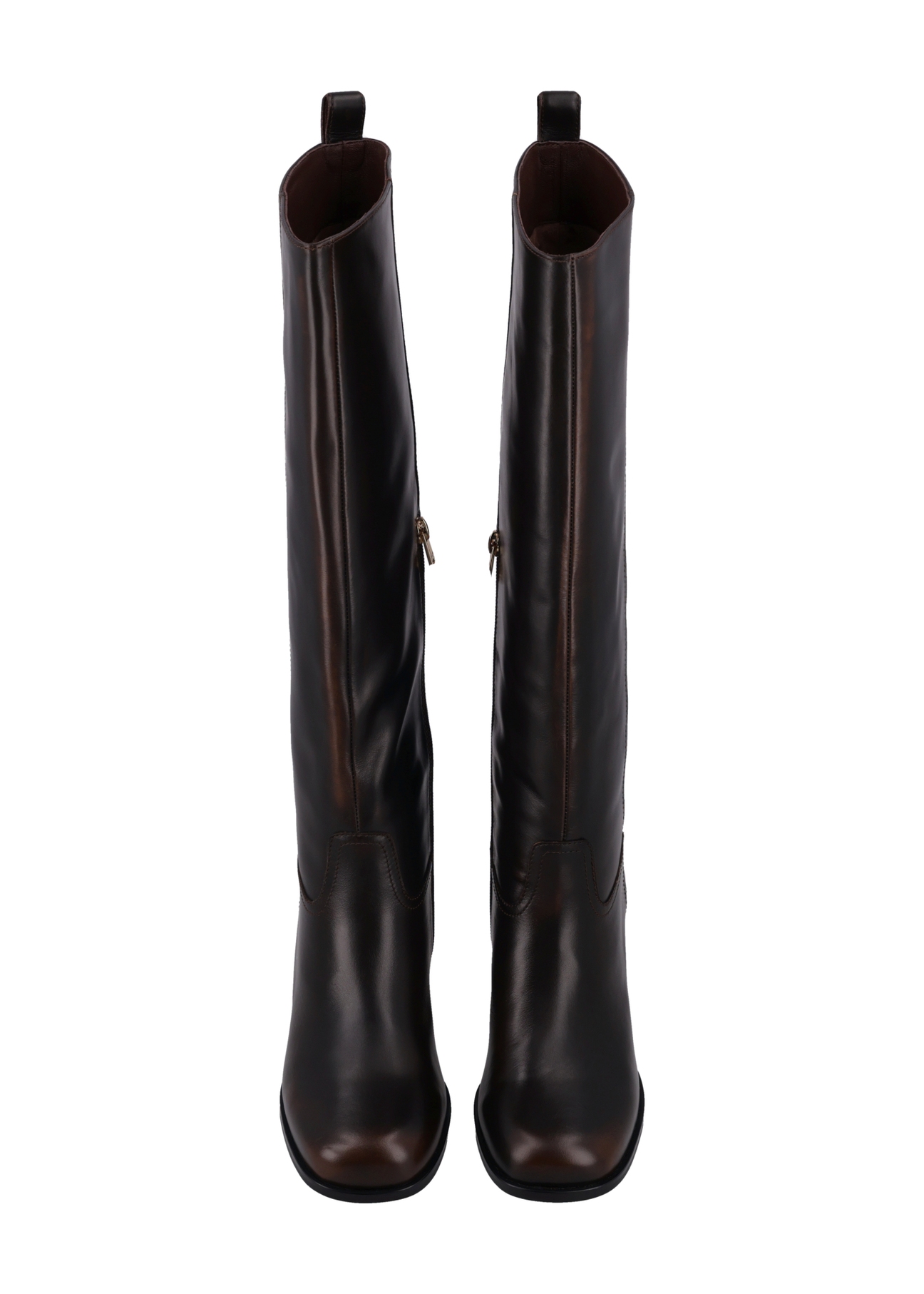 Dark brown leather women's high heel boots BUTYD-1335-1I(Z26), front product view on white background.