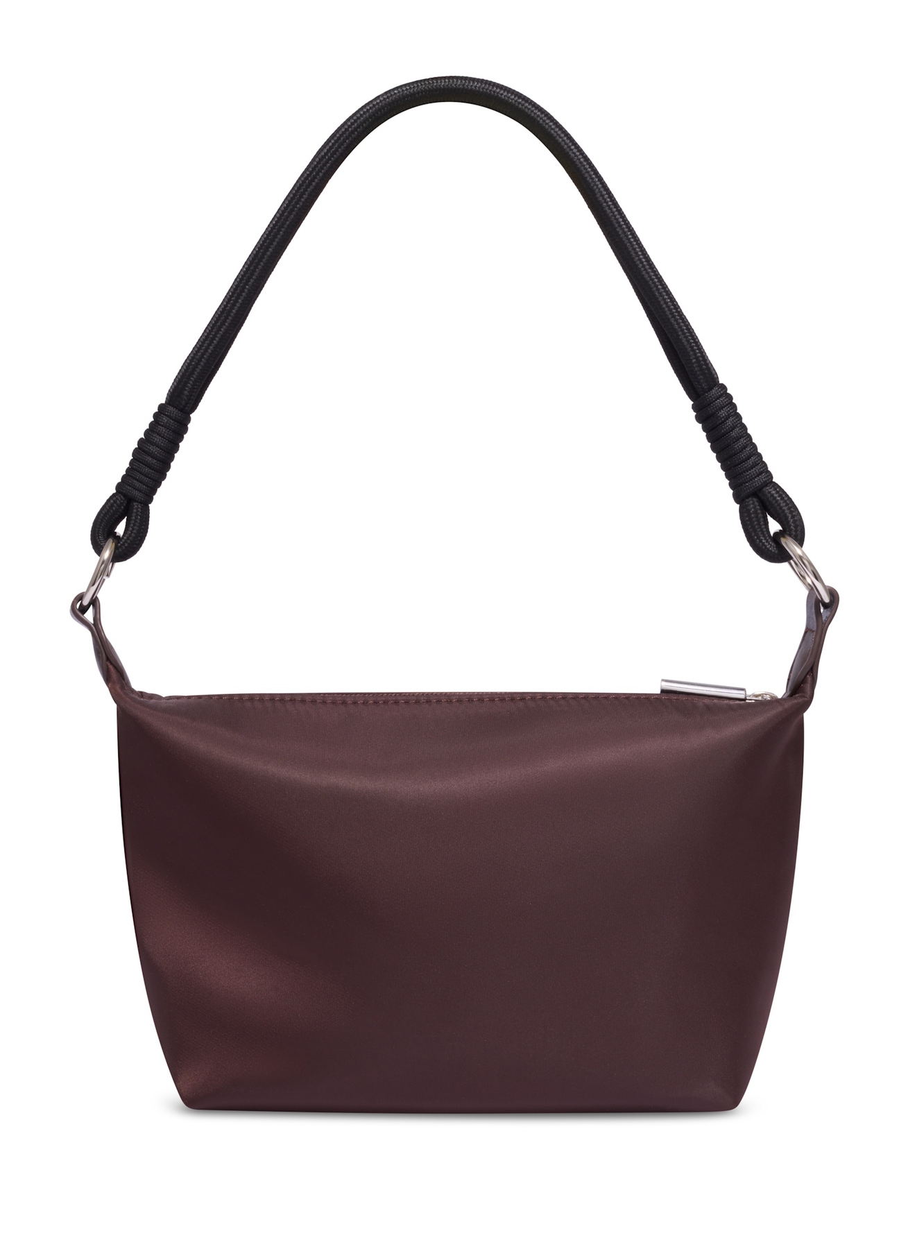 Dark brown fabric women's handbag TOREN-0355-1I(Z26), product view from the back on a white background.