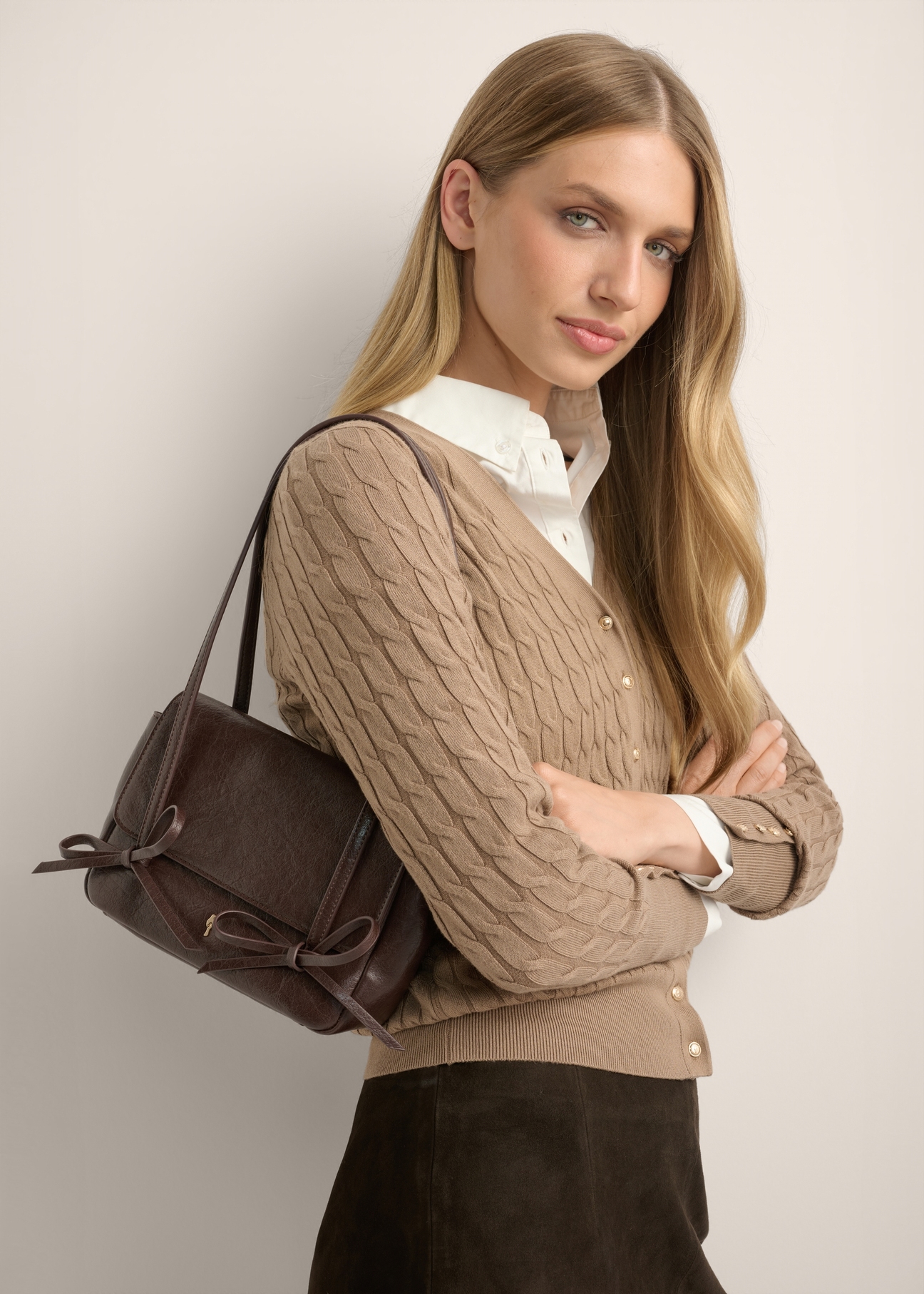 Small brown women's handbag with bows TOREC-1379-1H(Z26)