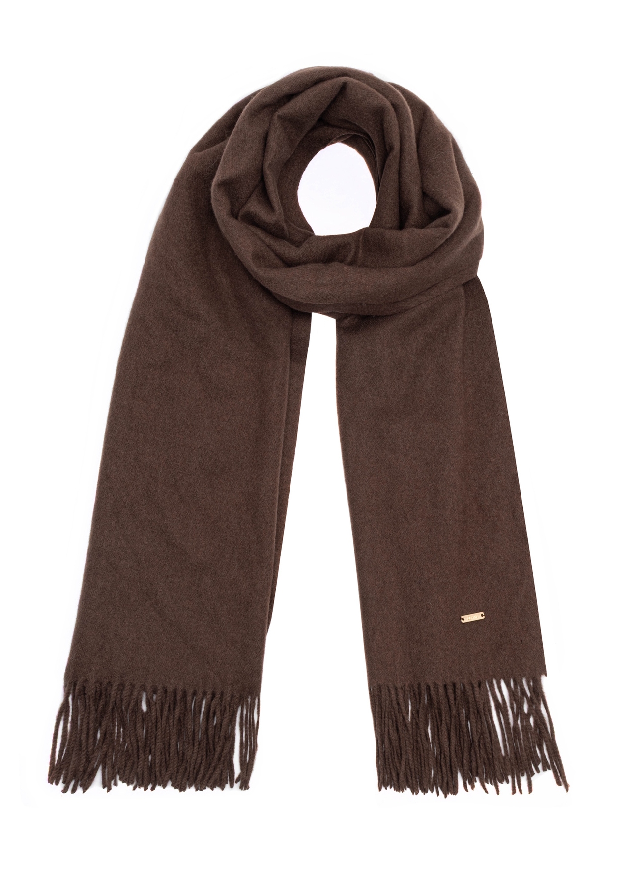 Dark brown women's scarf with wool SZADT-0232-1I(Z26), front view of the product on a white background.