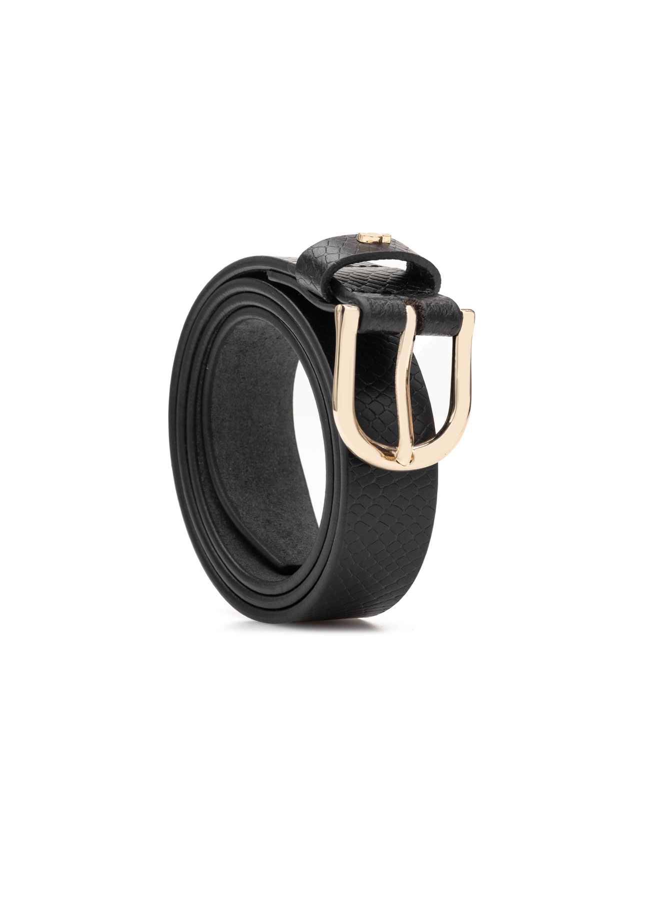Black leather women's belt PASDS-0333-99(Z25), diagonal product view on white background.
