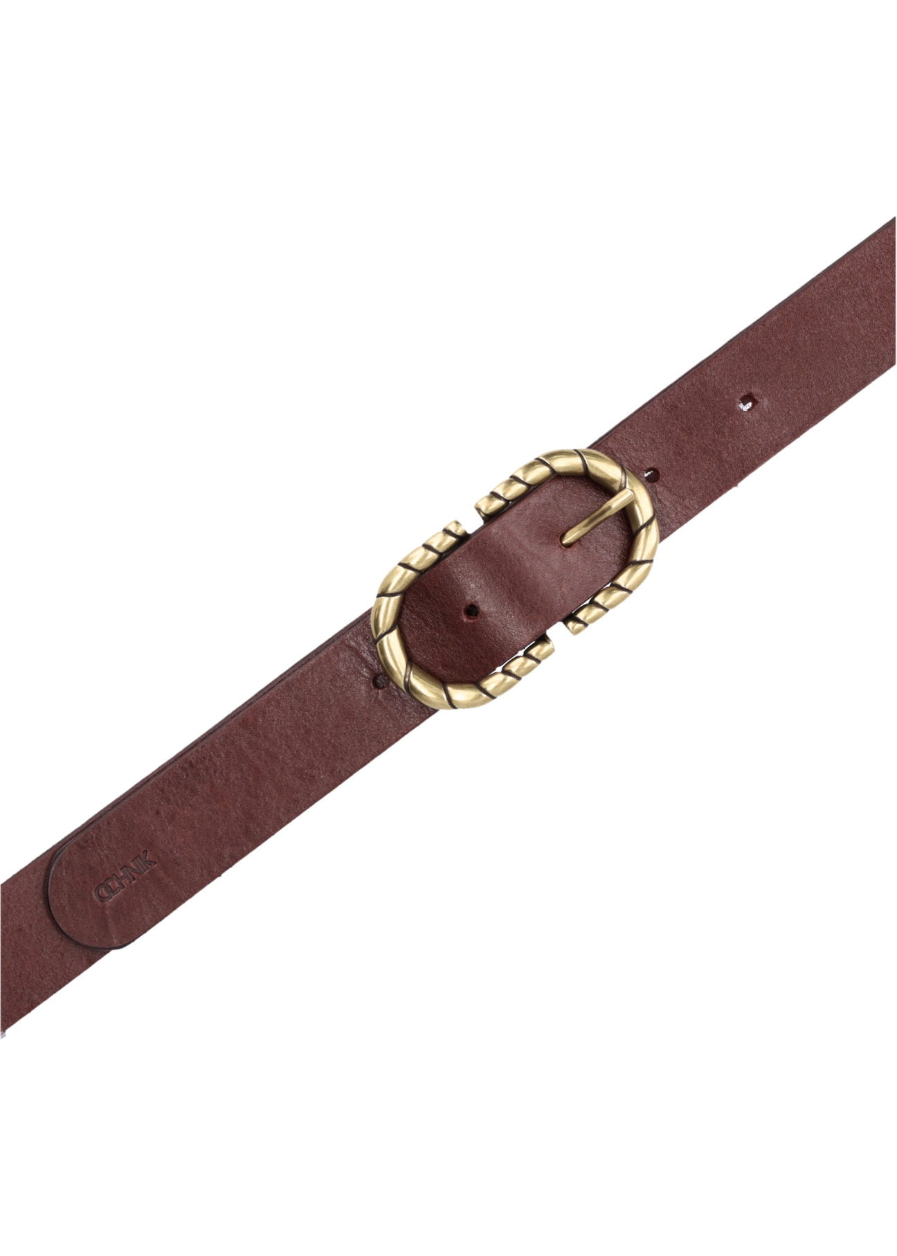 Brown leather belt with decorative buckle PASDS-0354-1H(Z26), product view from above on white background.