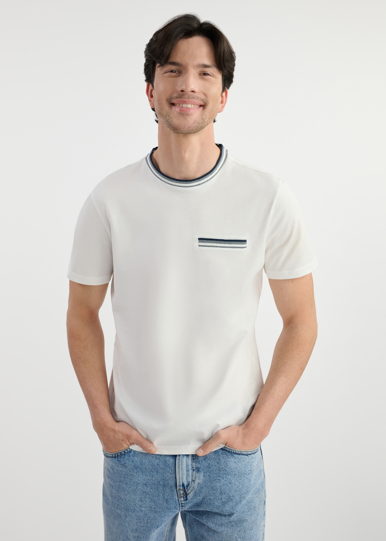 Men's white cotton T-shirt TSHMT-0123-12(W25), front view of the product on the model. The entire silhouette is visible.