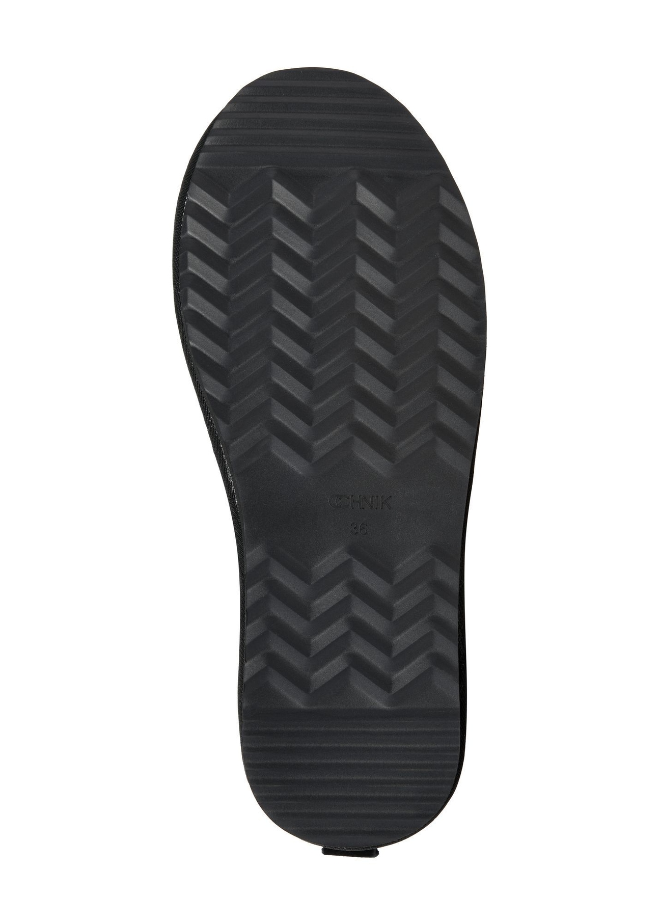 Black short women's snow boots BUTYD-1138-9E(Z26), view of the sole of the product on a white background.