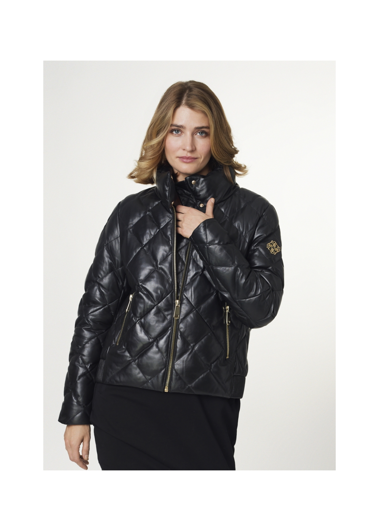 Women's leather jacket with high collar KURDS-0335-5339(Z21)-01