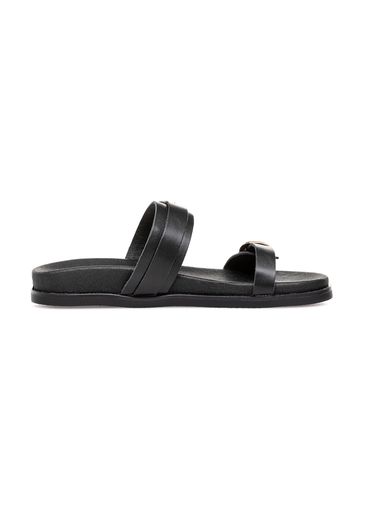 Black women's leather flip-flops BUTYD-1160-99(W25), side view of the product on a white background.