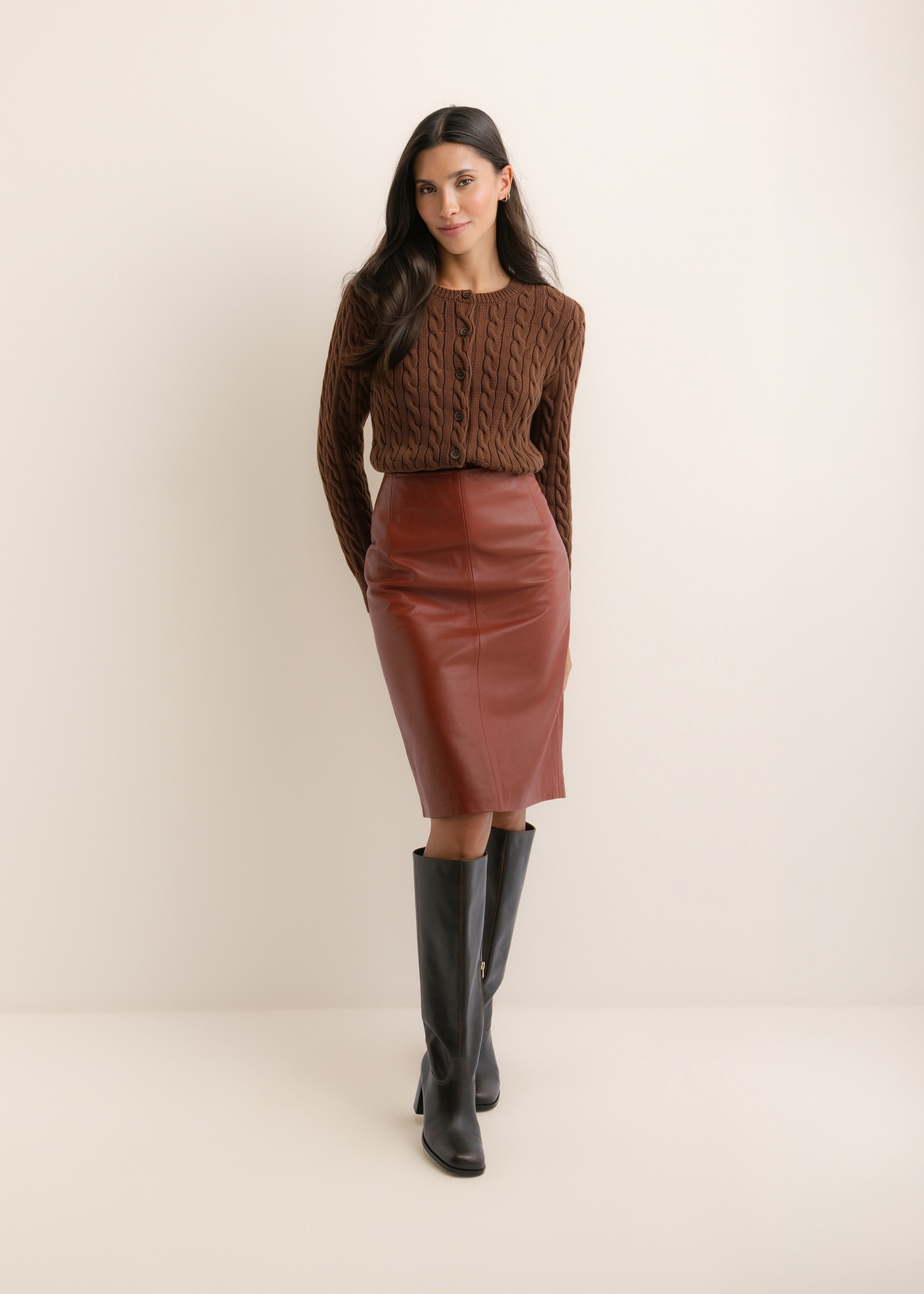 Brown cotton women's cardigan KARDT-0067-1H(Z26), front view of the product on the model. The entire silhouette is visible.