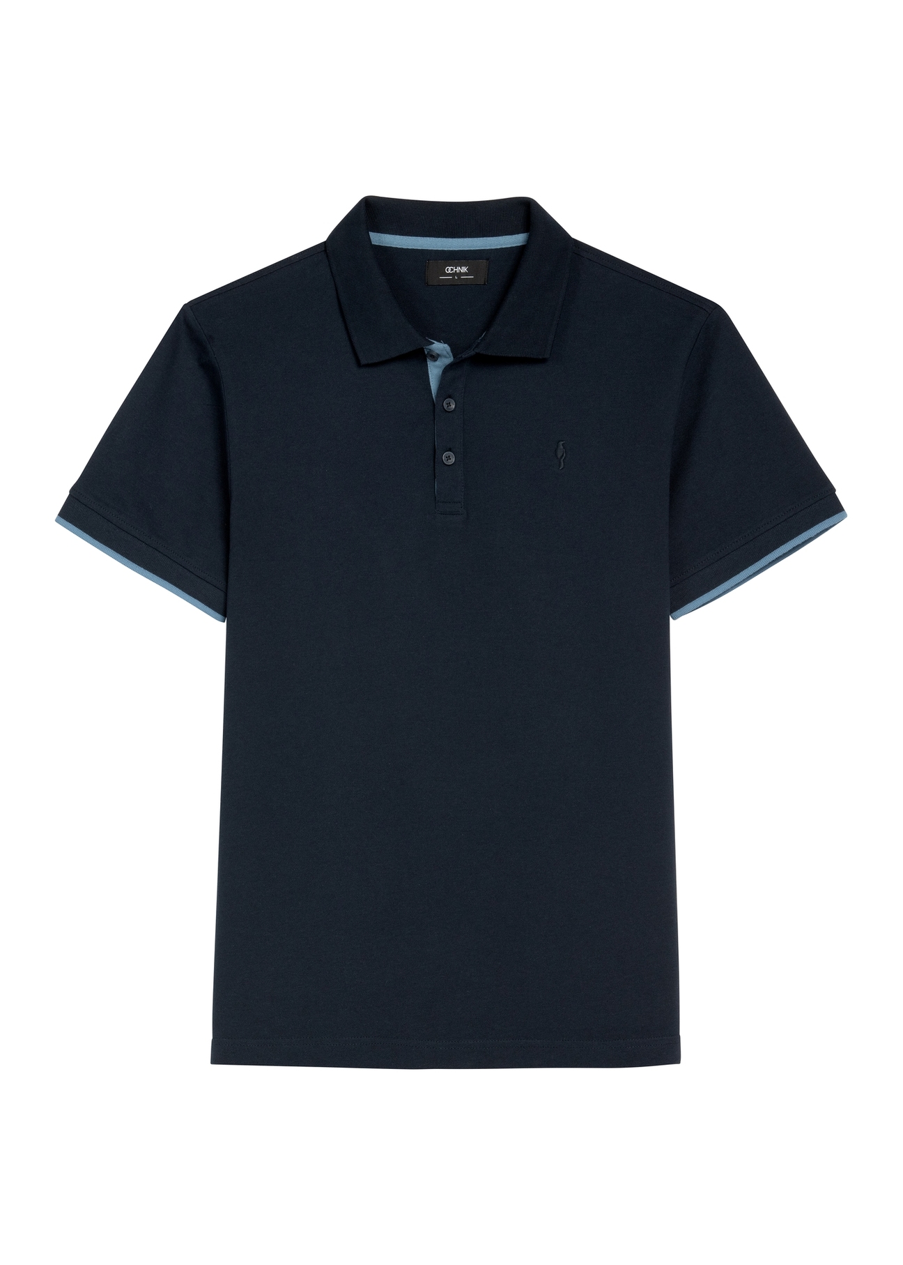 Navy blue cotton polo shirt POLMT-0045B-7E(W26), front product view on white background.