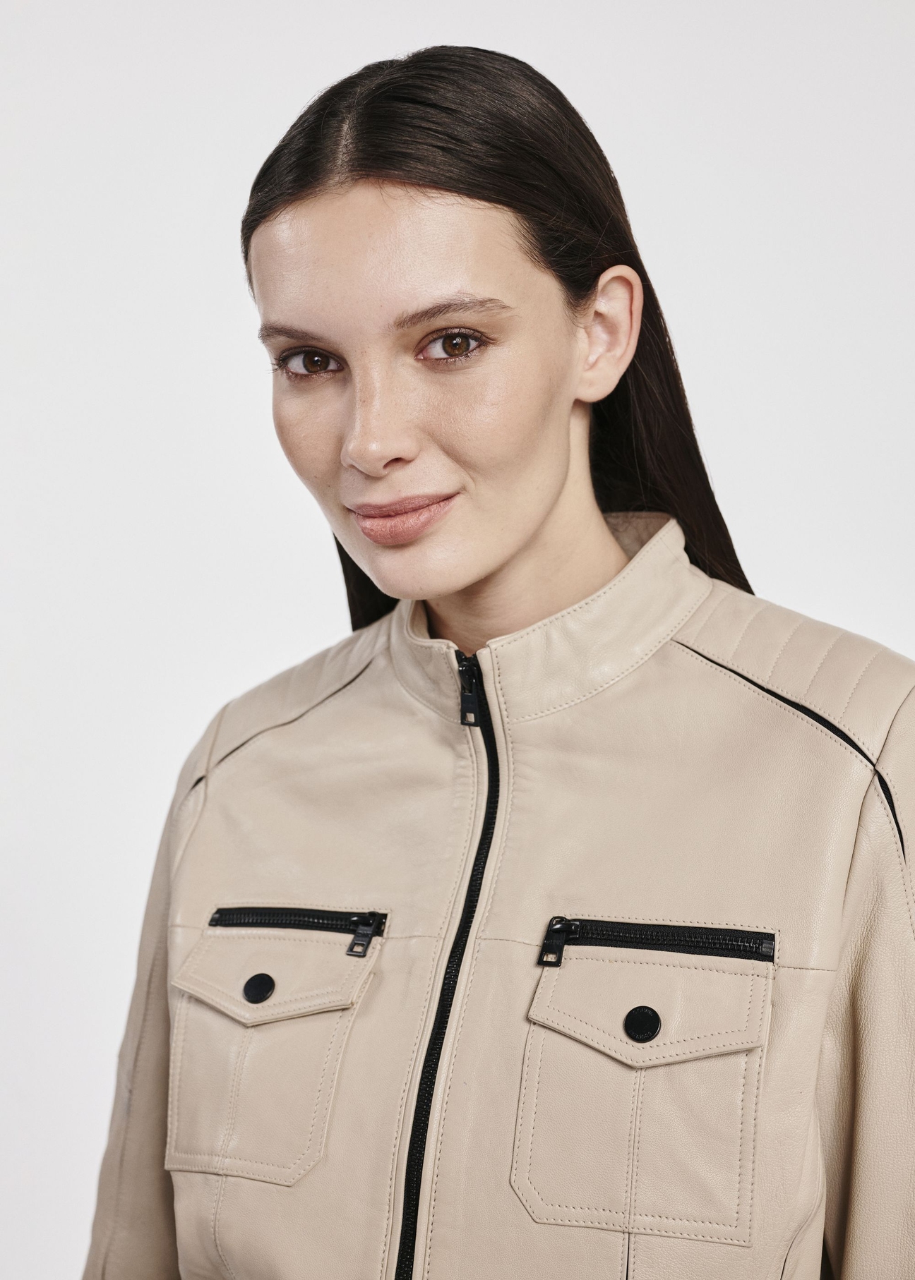 Beige leather biker jacket for women KURDS-0528-2841(W25)-05