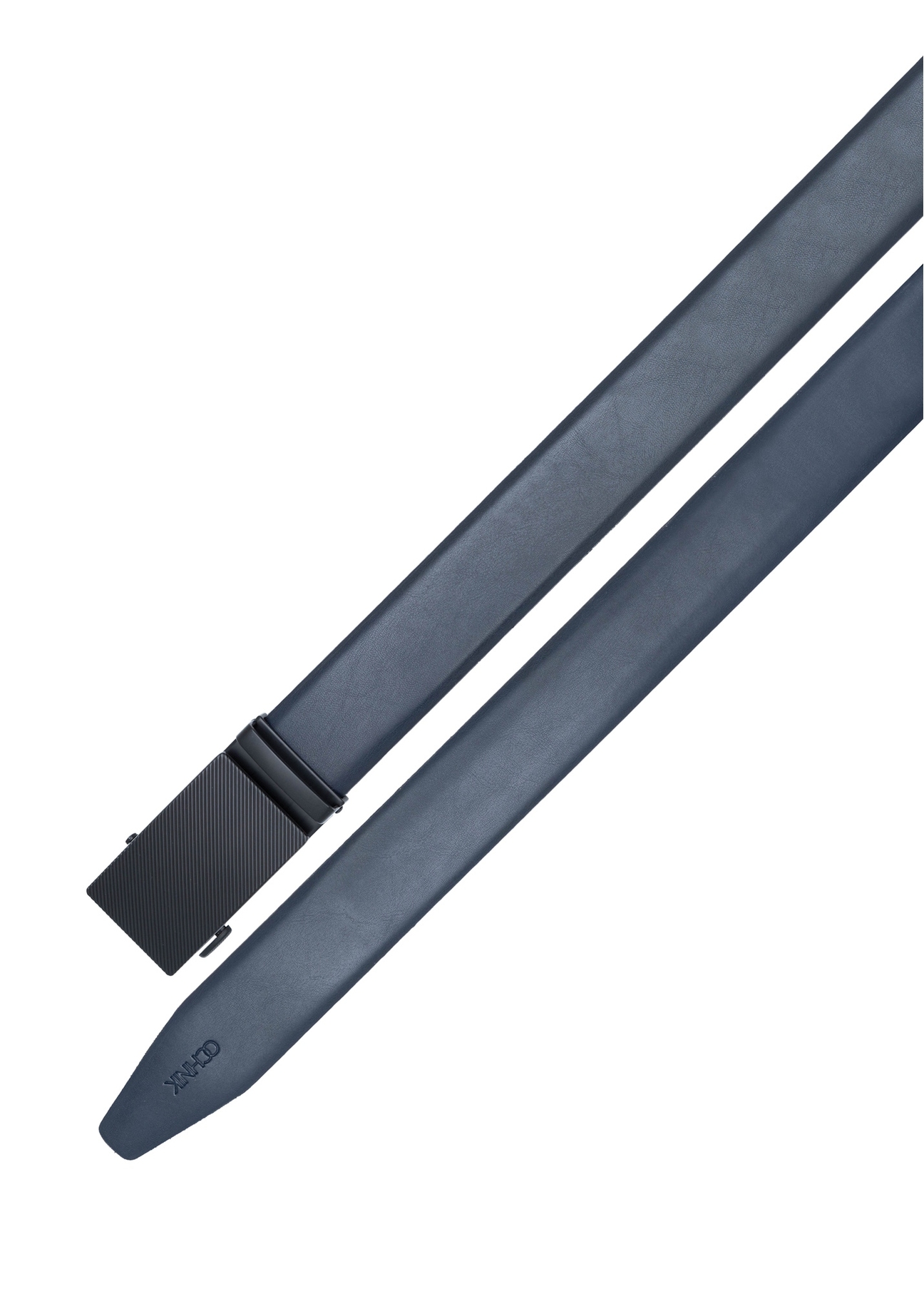 Men's navy blue leather belt PASMS-0269-7E(W26), top view of the product on a white background.