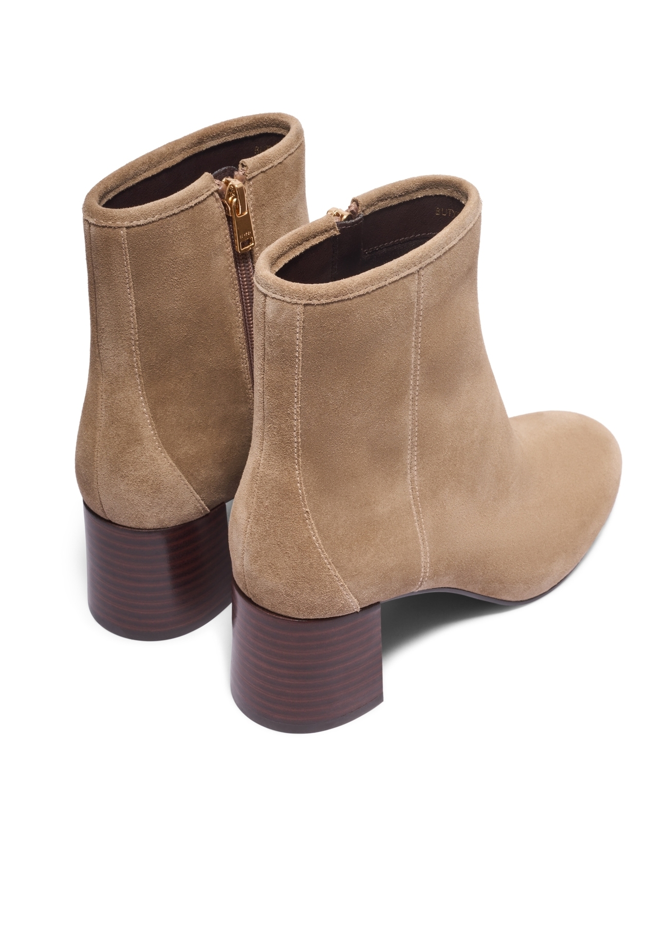 Cool beige suede high-heeled ankle boots BUTYD-1218-1K(Z26). Back view diagonally against a white background.