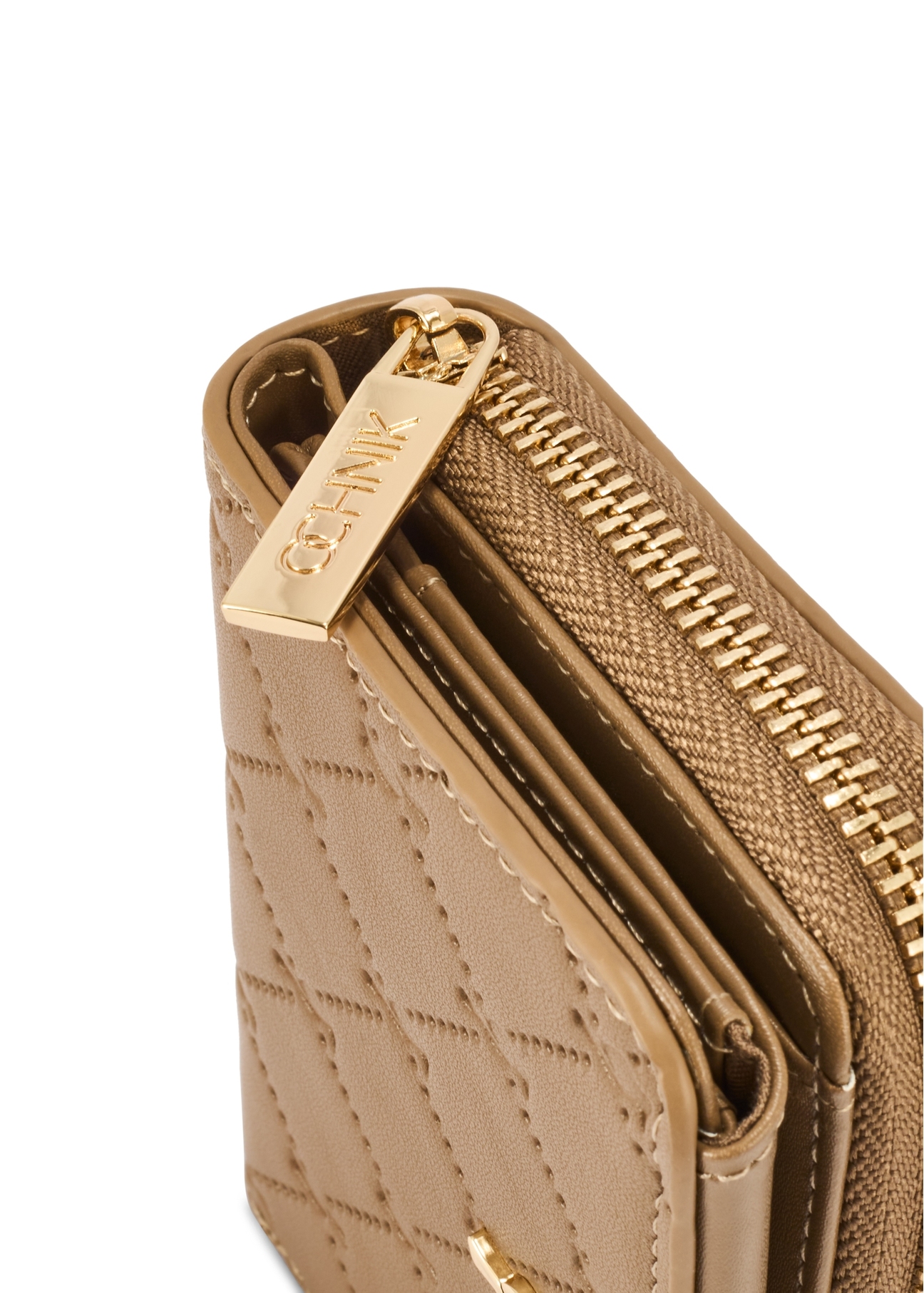 Small beige women's wallet with monogram POREC-0349A-81(Z25), close-up of product detail, view on white background.