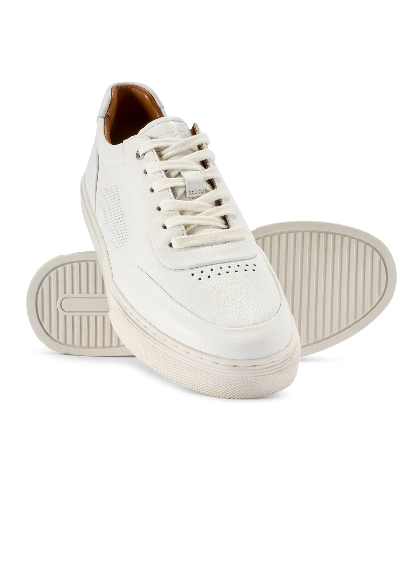 Men's leather sneakers in white BUTYM-0484-0B(W26), product view from the top and bottom on a white background.
