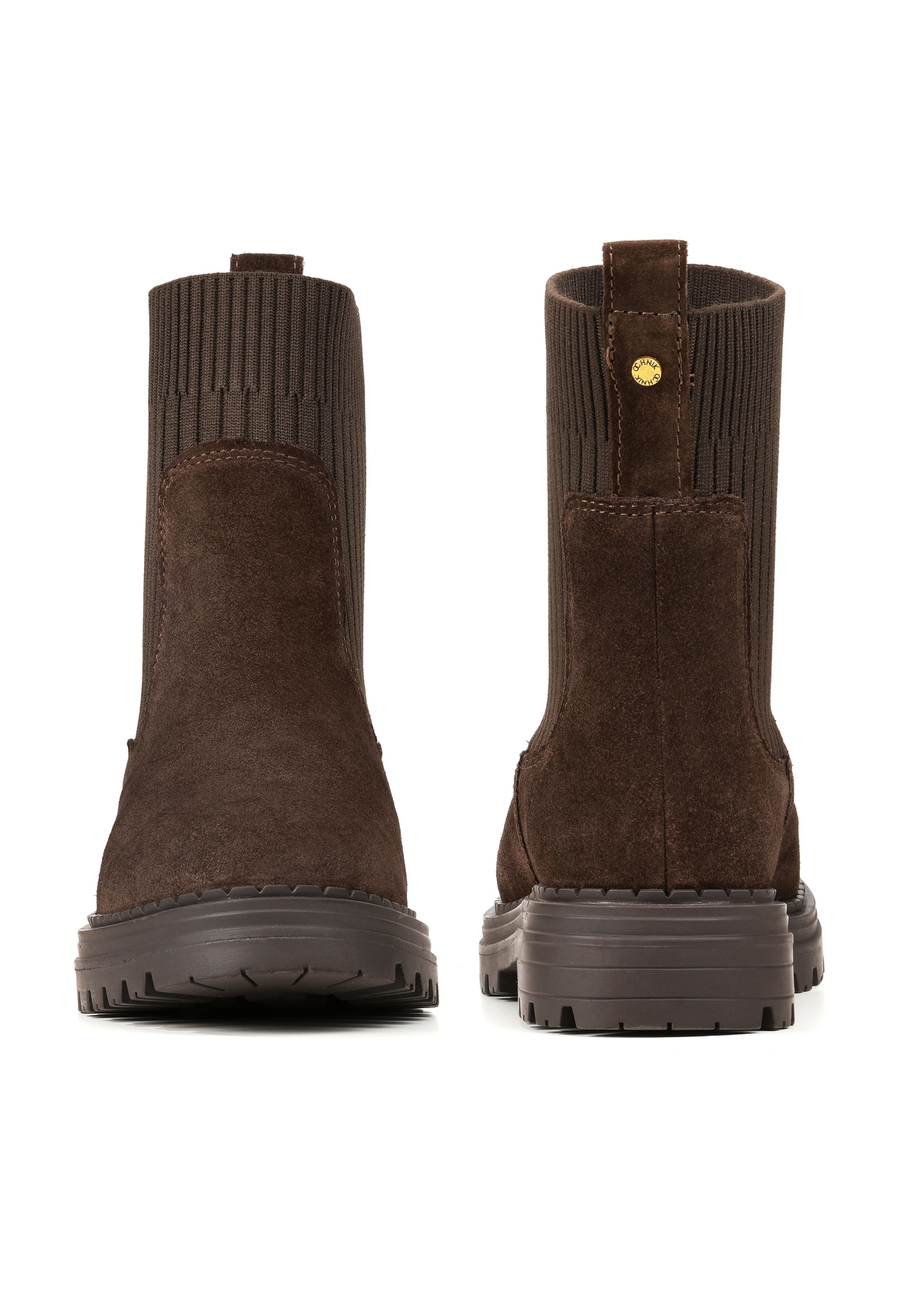 Women's brown suede Chelsea boots BUTYD-1194-89(Z25), product view from the front and back on a white background.