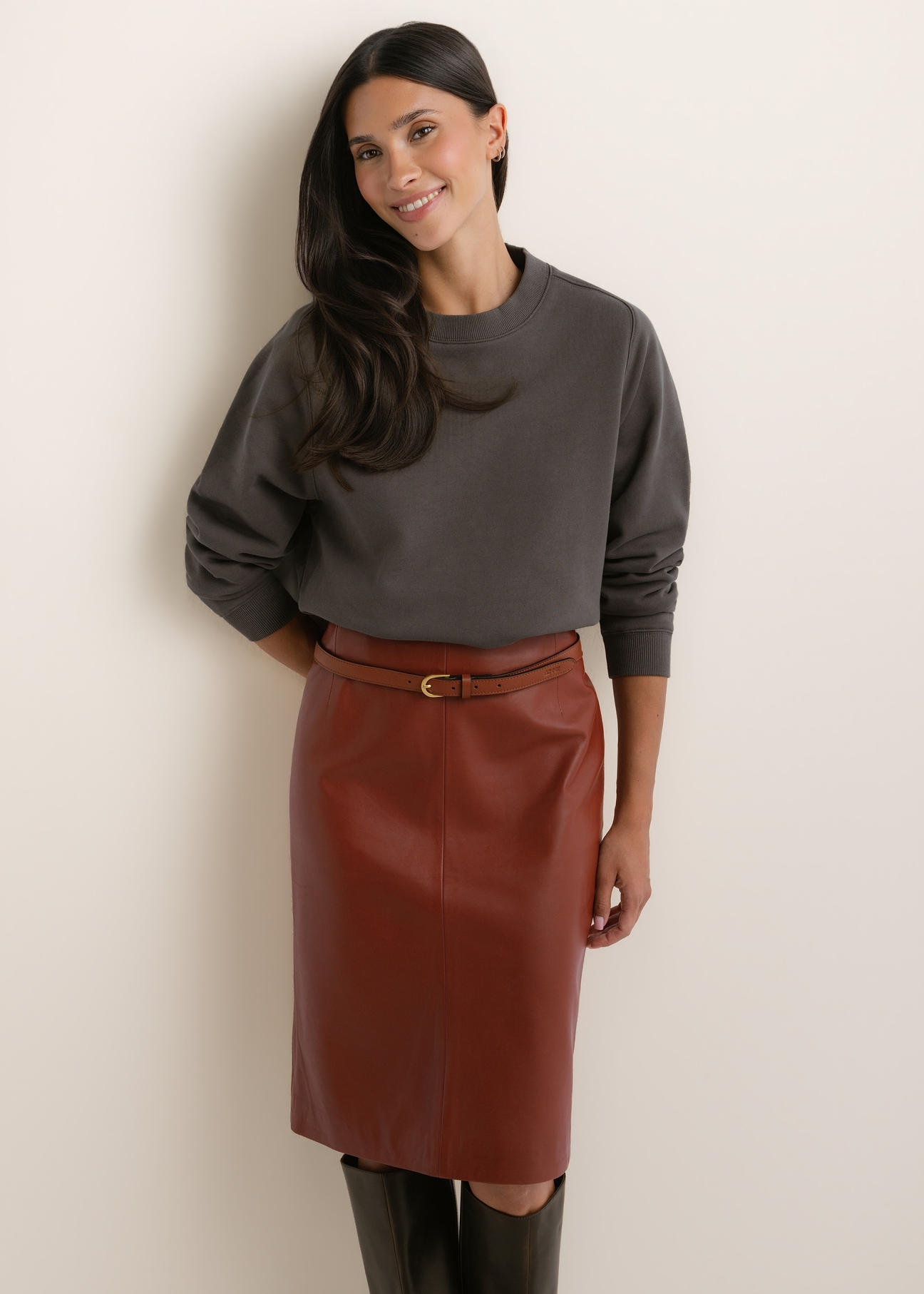 Women's graphite-colored cotton sweatshirt BLZDT-0123-9D(Z26), front view of the product on the model. Half of the silhouette visible.