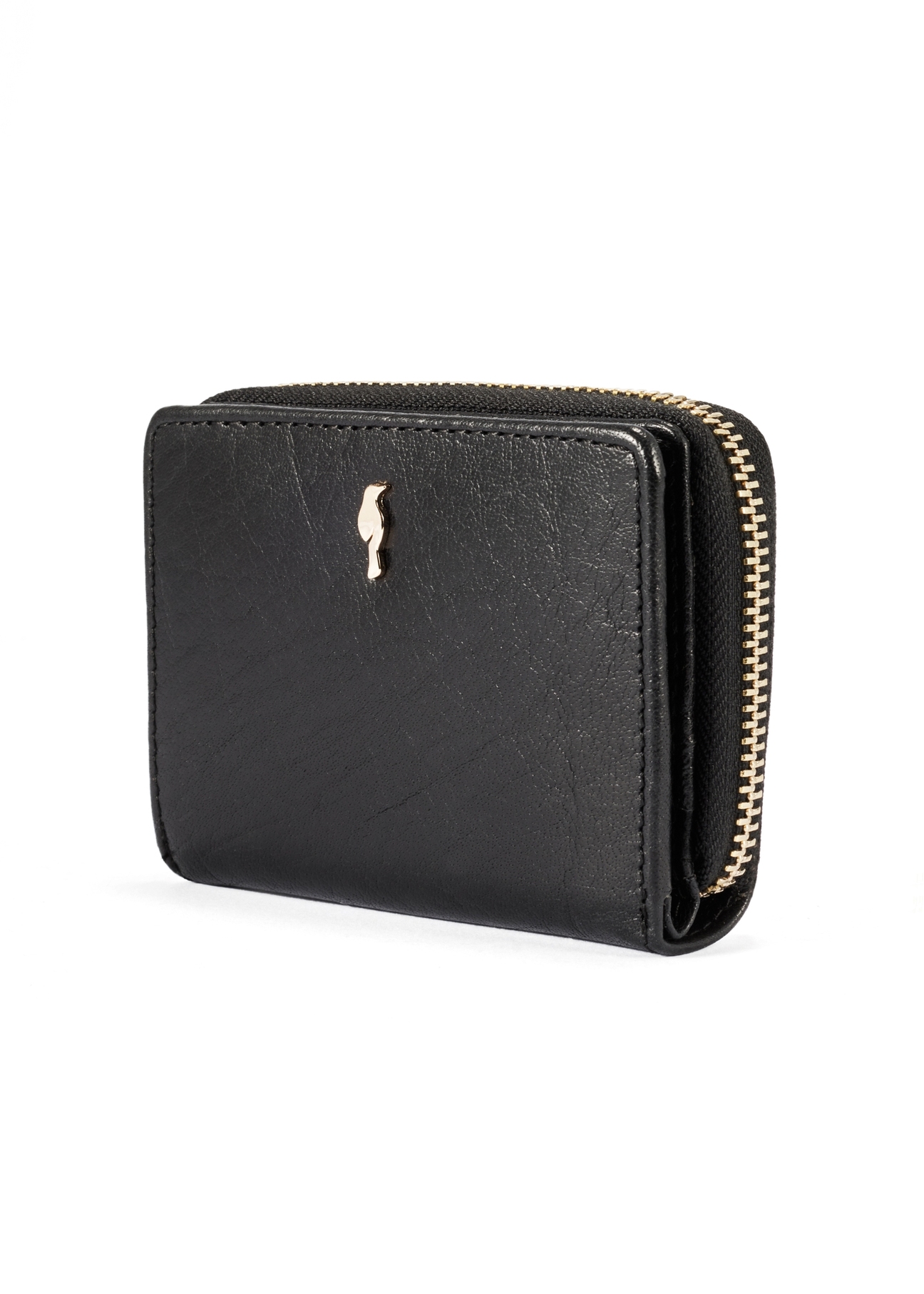 Small women's black leather wallet PORES-0815A-99(Z25), diagonal product view on a white background.