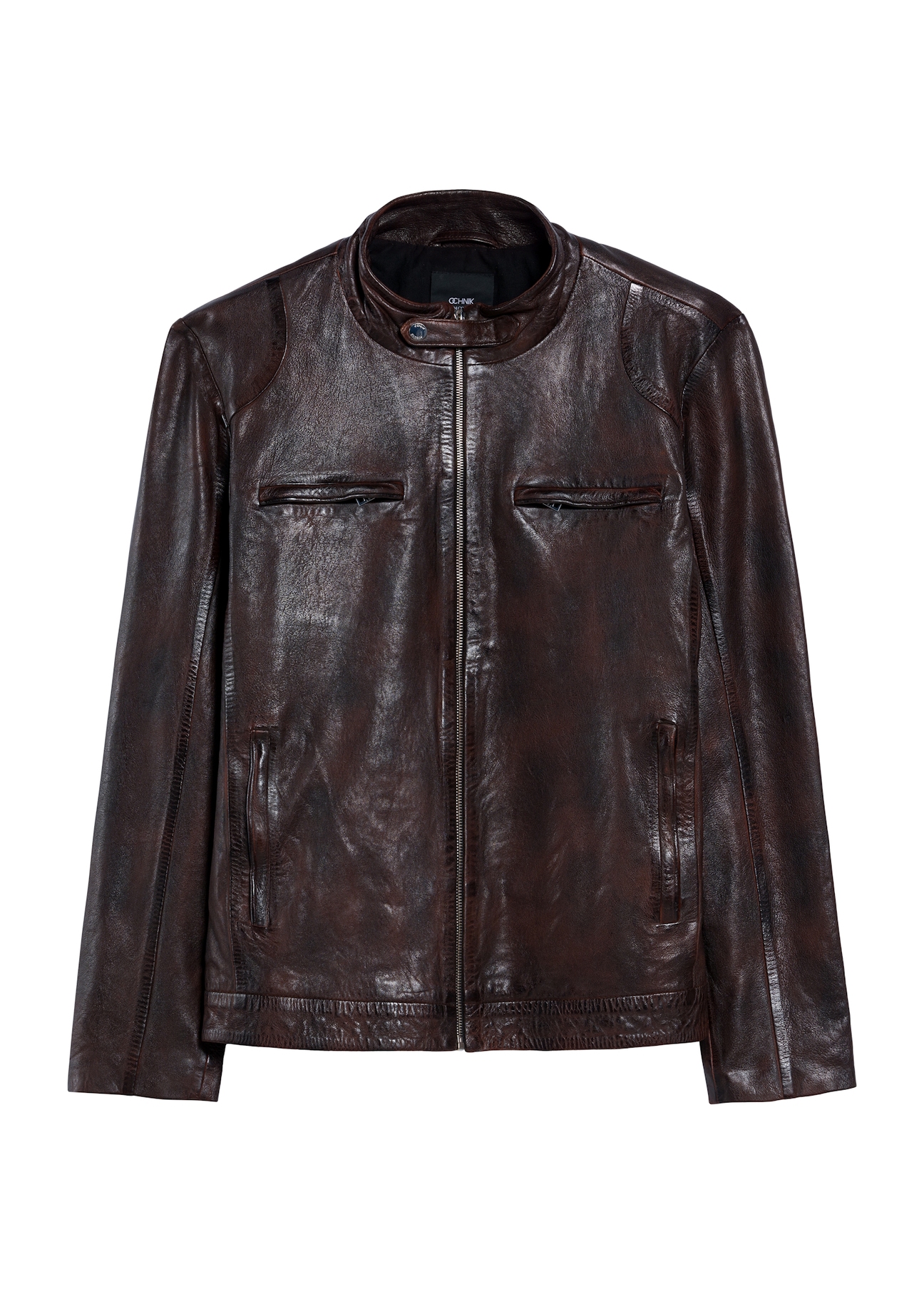 Brown men's leather jacket KURMS-0384-3340(Z25), product view from the front on a white background.