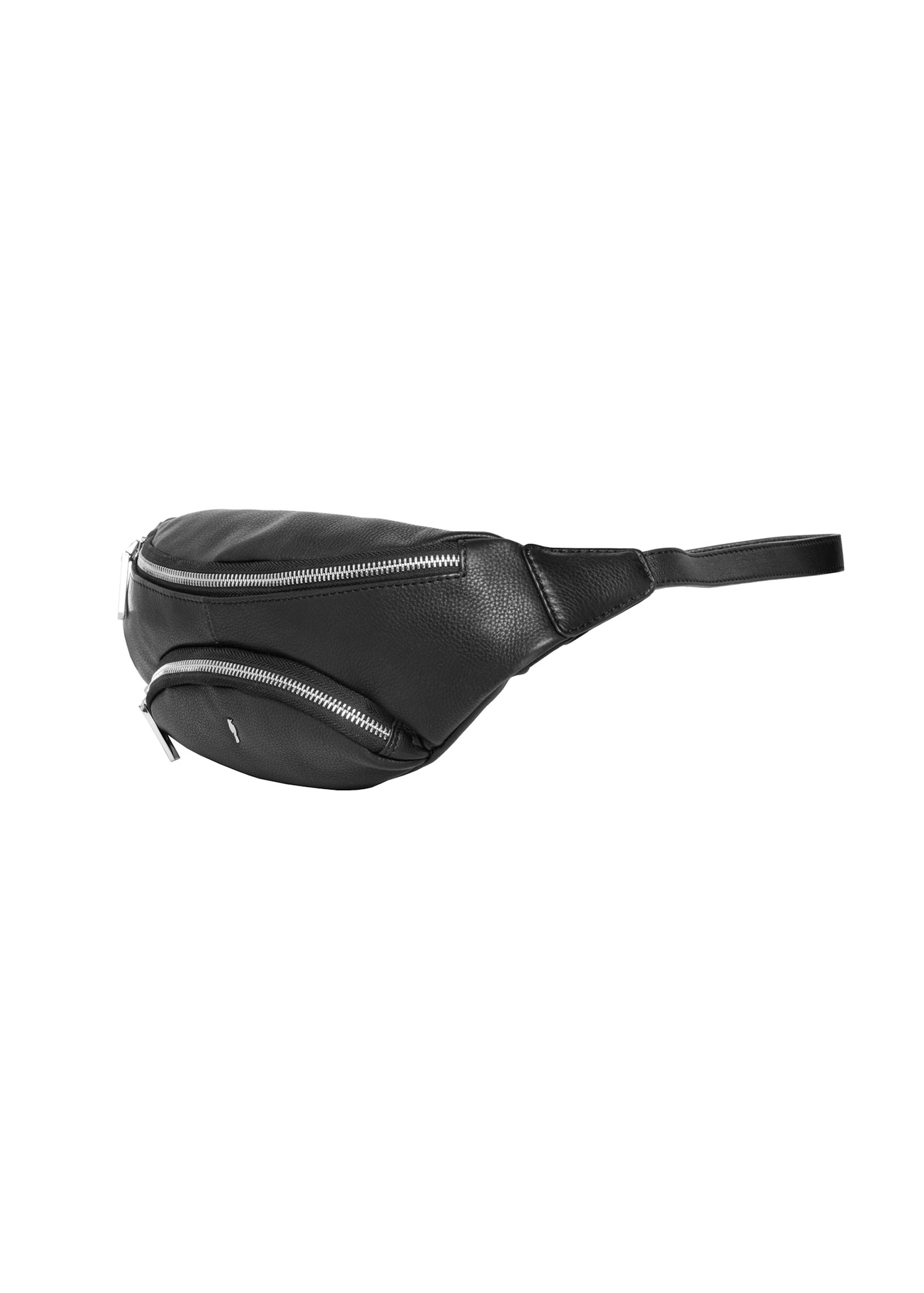Black leather waist bag TORES-1379-99(Z26), diagonal product view on white background.