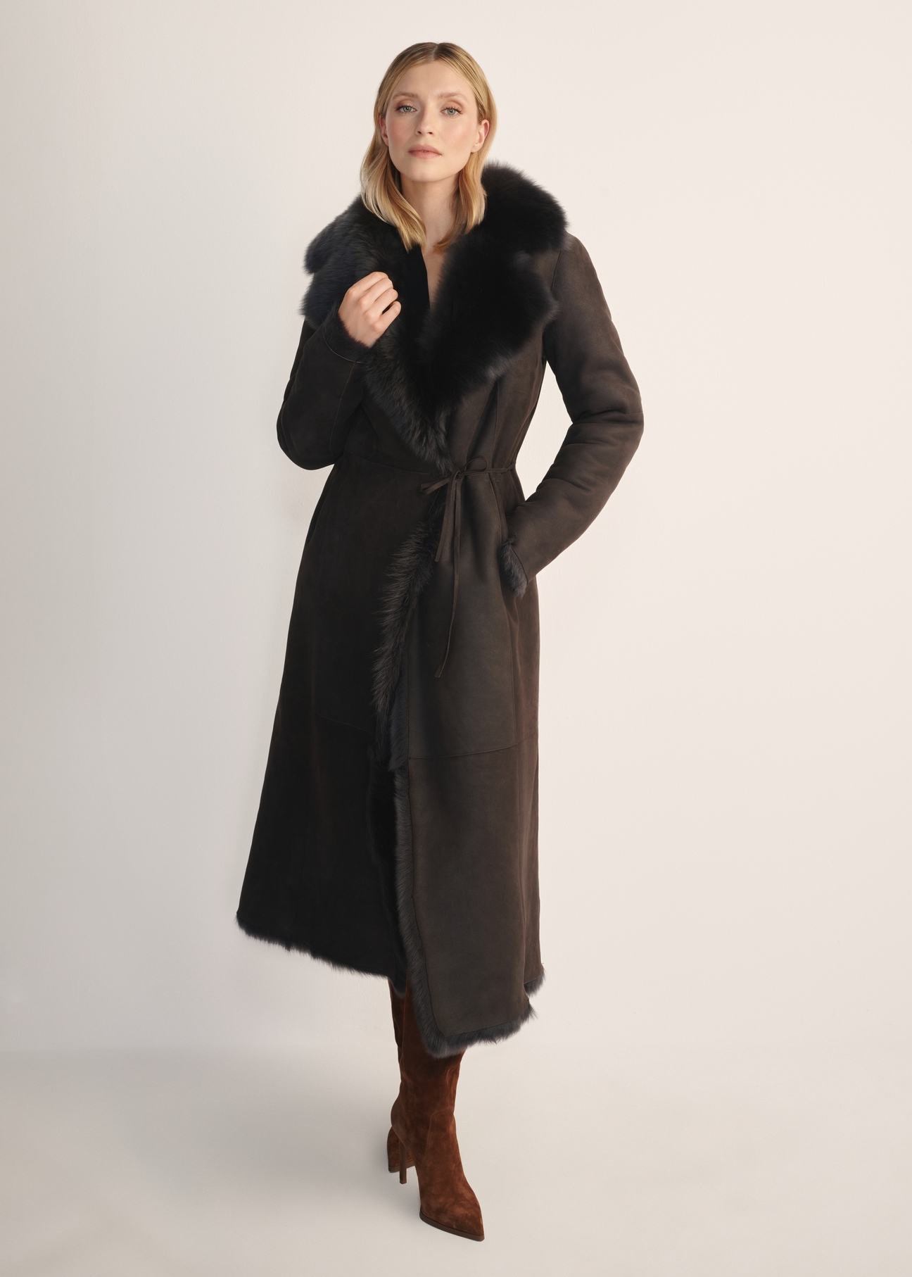 Women's brown double-sided leather sheepskin coat KOZDS-0088-3096(Z25) - front product view on white background. Full body visible.