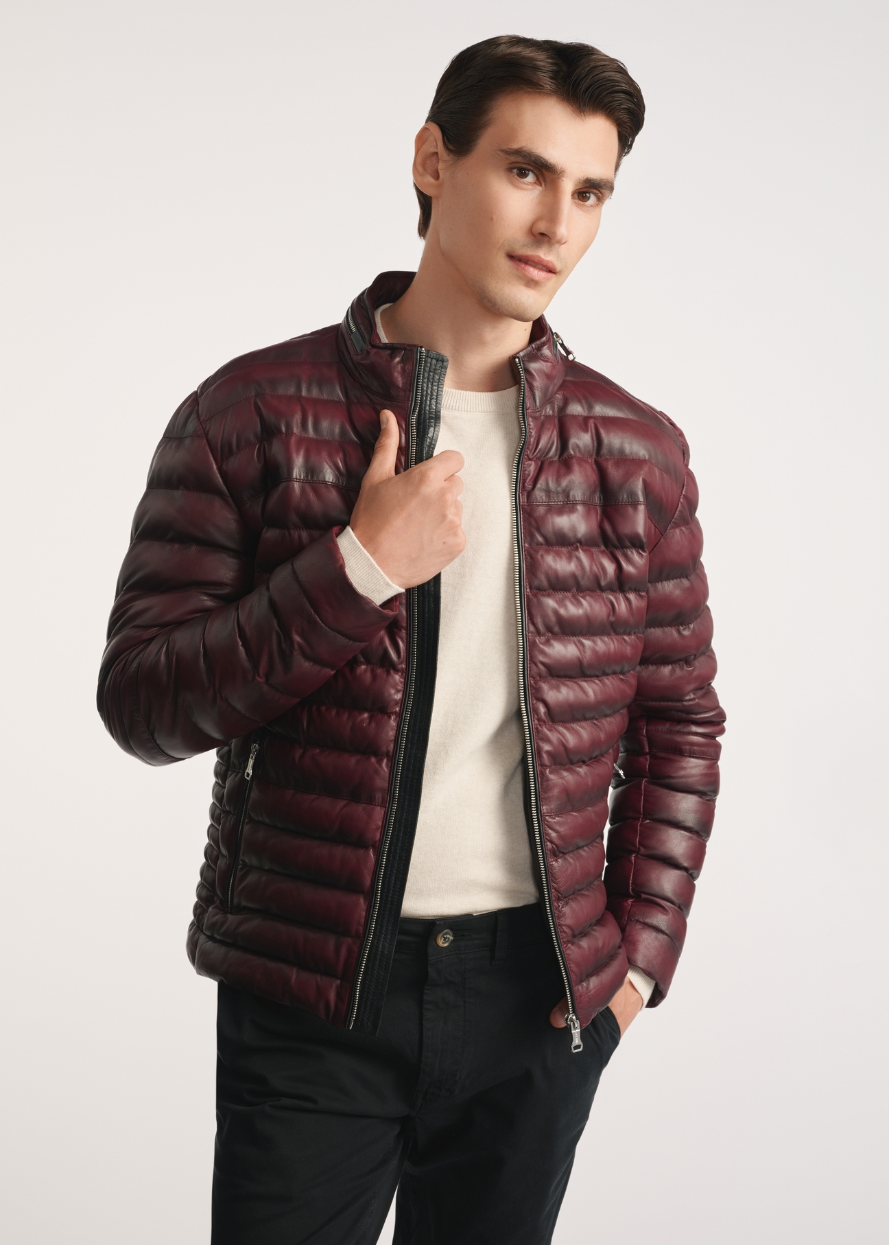 Burgundy men's leather jacket with insulation KURMS-0379-3359(Z25), product visible from the front on the model, visible half of the silhouette.-02
