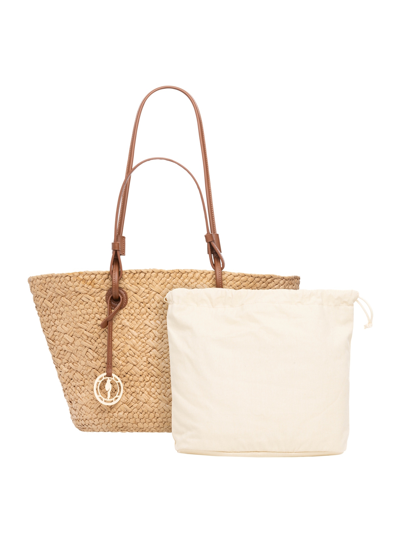 Large women's straw shopper bag TOREC-1217-1E(W26), product view with cosmetic bag on white background.