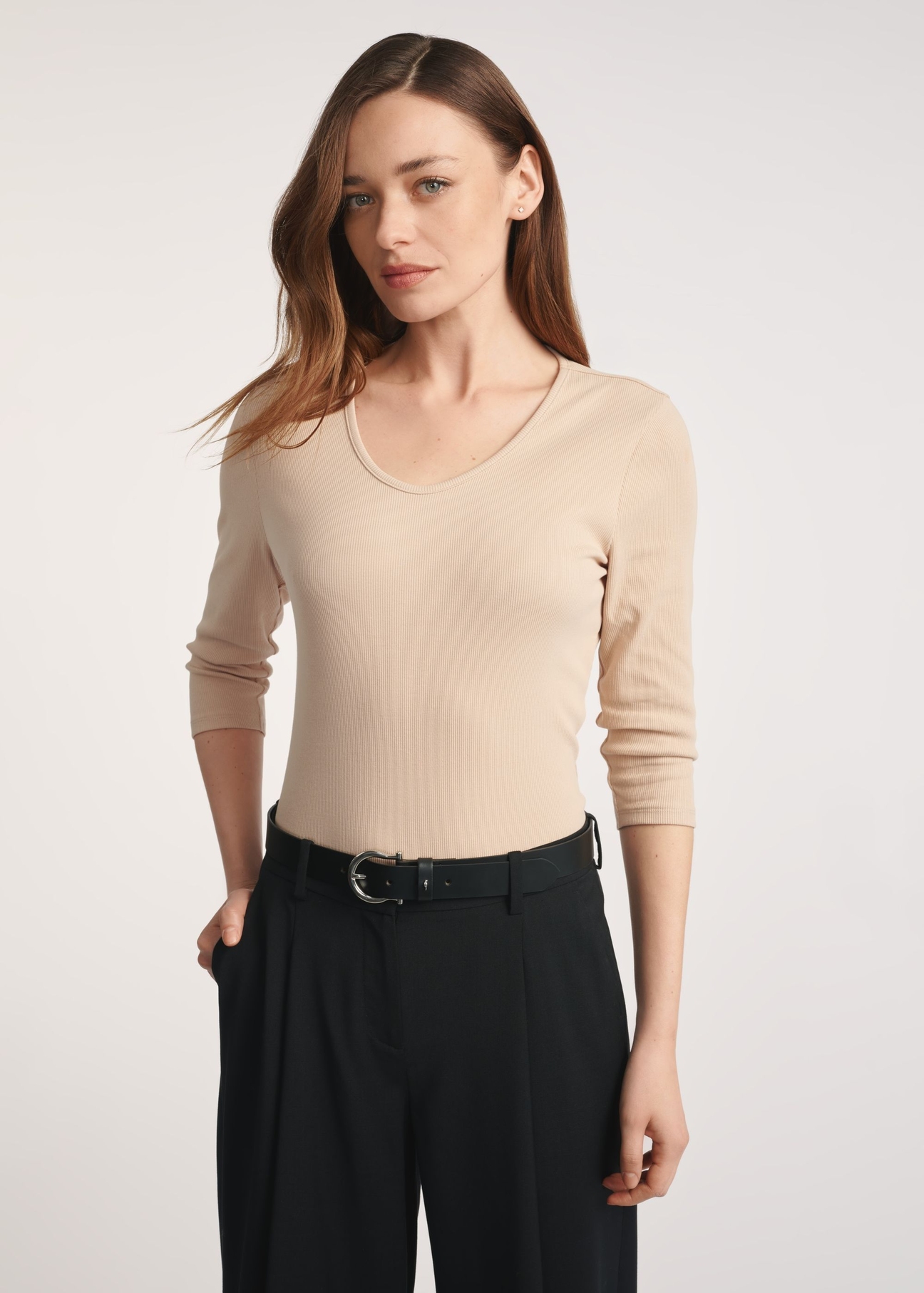 Beige women's V-neck blouse LSLDT-0036-1A(W26) - front product view, against a light background. Half of the silhouette visible.