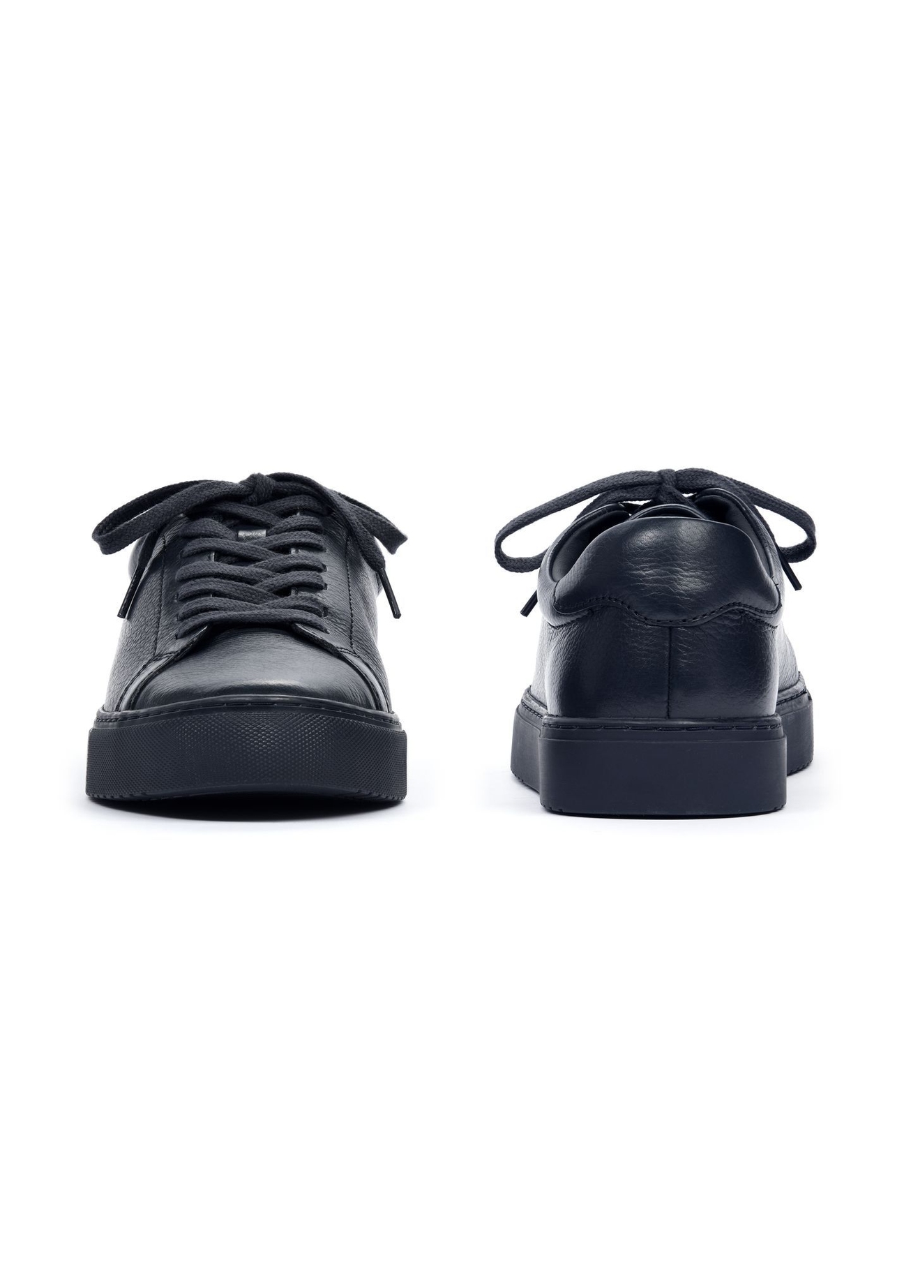 Navy blue leather sports shoes BUTYM-0503A-7E(W26), front and back product view on white background.