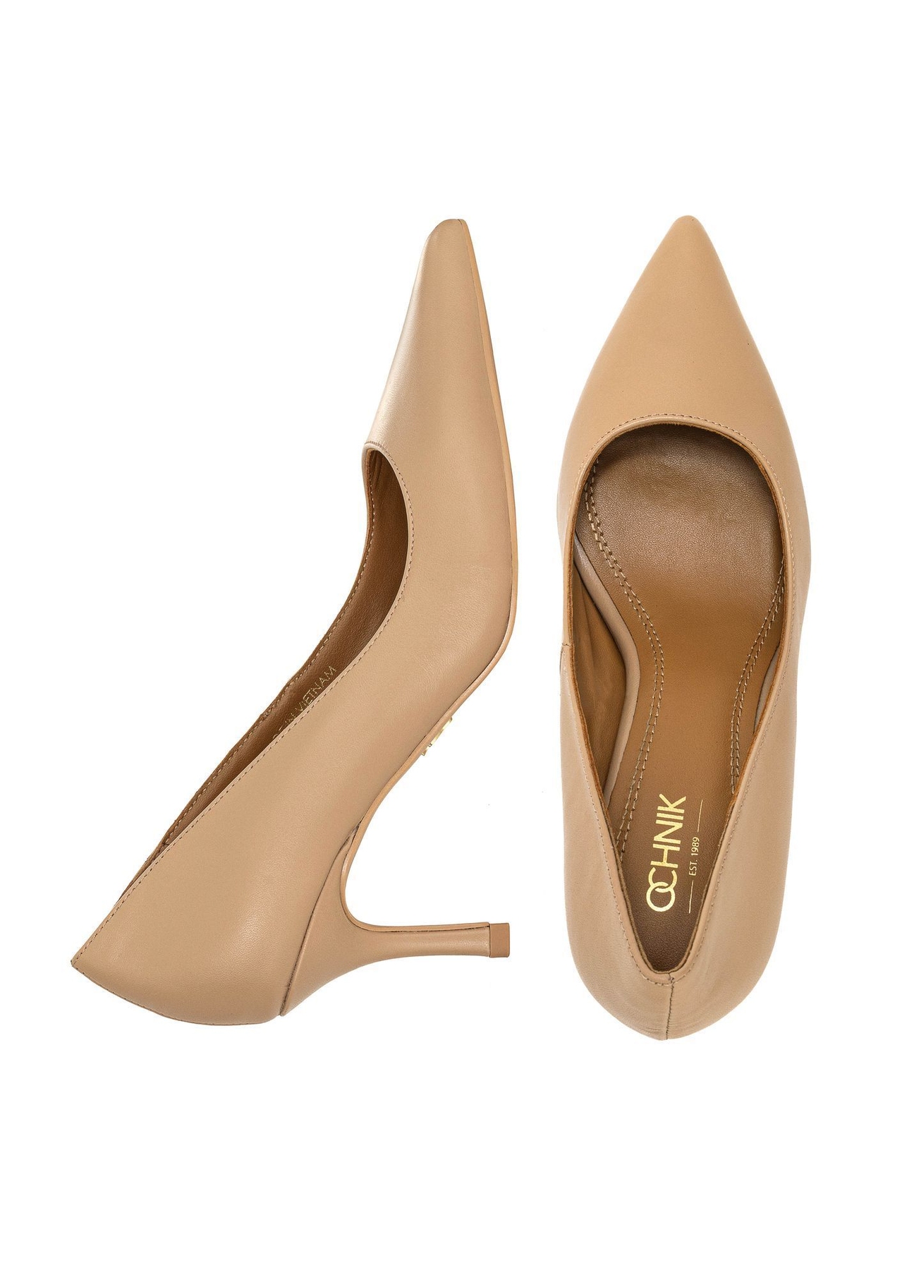 Beige leather women's pumps BUTYD-1031A-1B(W26), product view from above on white background.