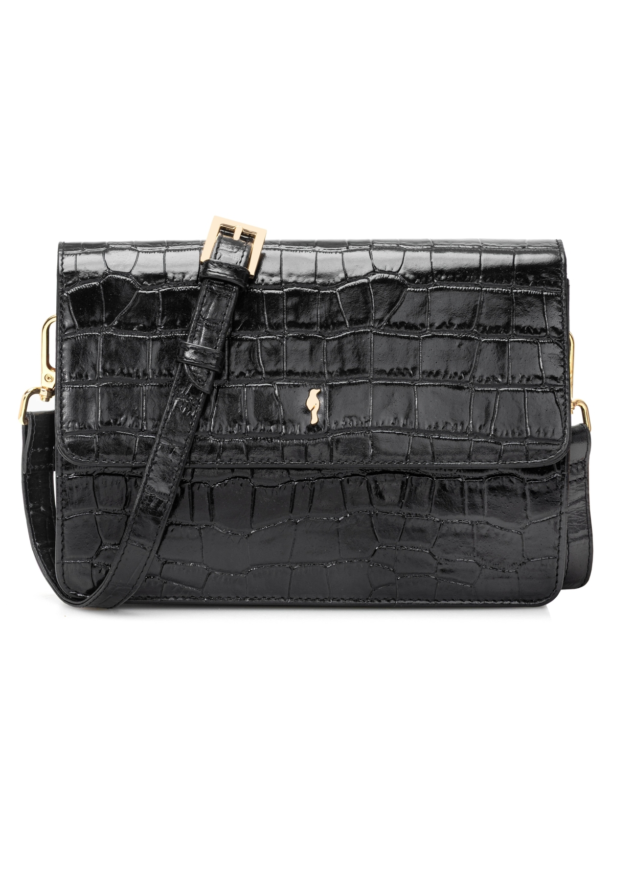 Black small croco leather handbag TORES-1233-9G(W26), product view from the front, on a white background.