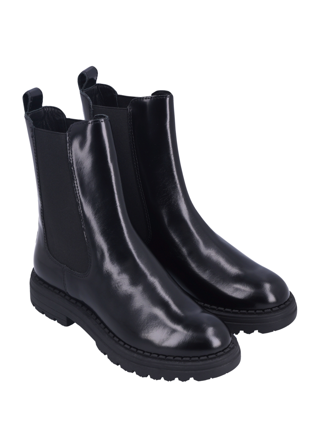 Women's black leather Chelsea boots BUTYD-1010-9F(Z26), diagonal product view on a white background.