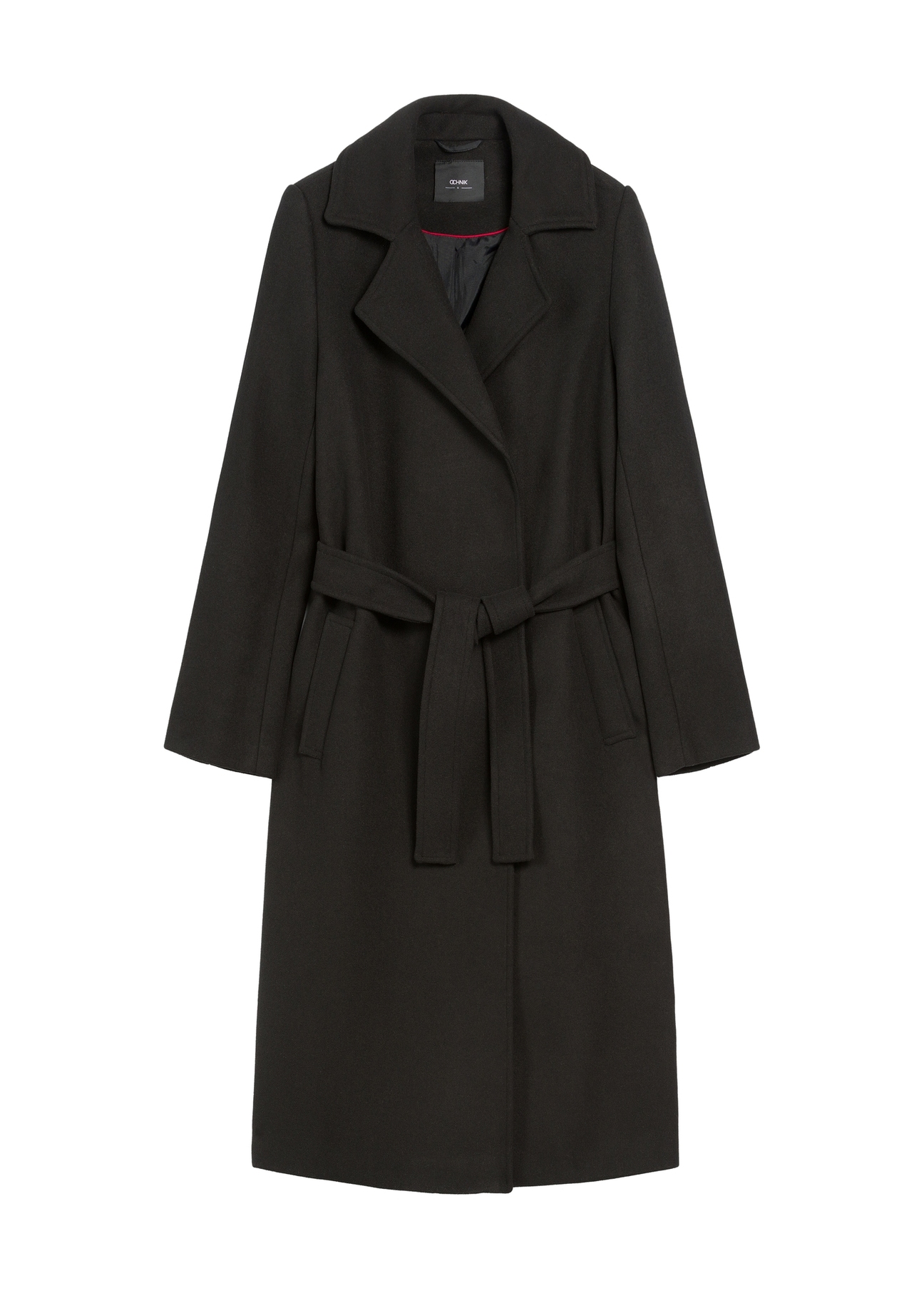 Black long women's coat PLADT-0048B-99(Z25), product view from the front on a white background.