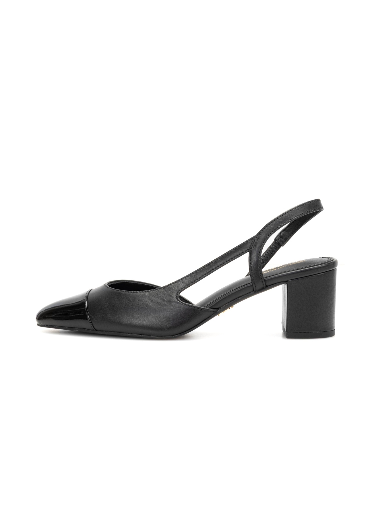 Black leather pumps with open heel BUTYD-1173-99(W26), side view of the product on a white background.