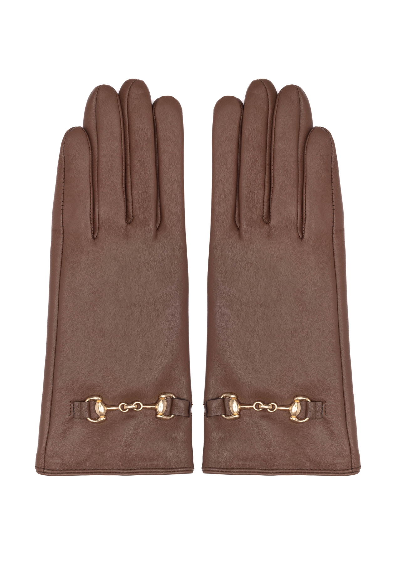 Camel leather women's gloves with buckle REKDS-0087-1D(Z26) - product view from above, on a white background.