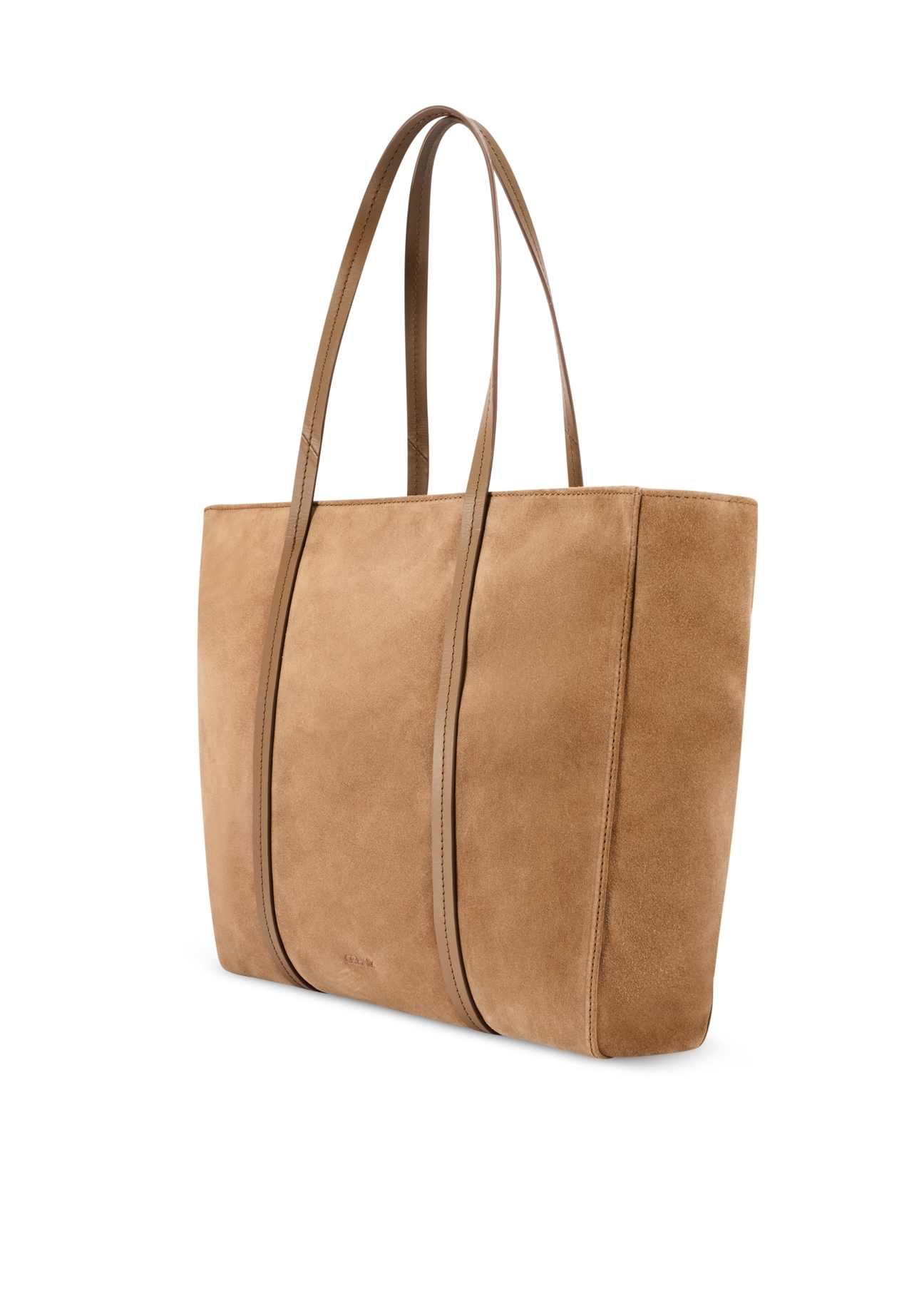 Beige suede women's shopper bag TORES-1248-1B(W26) - diagonal product view, on a white background.