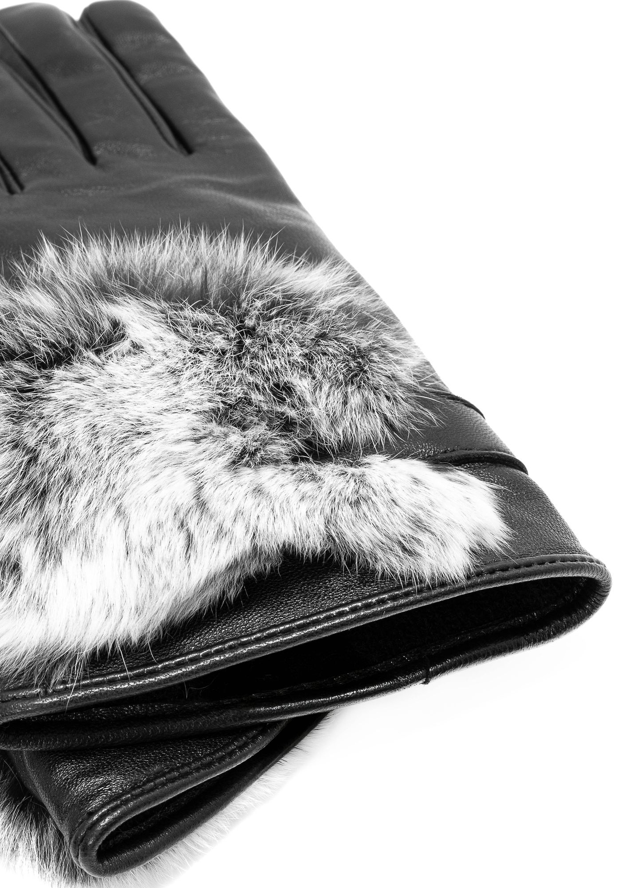 Black women's leather gloves with fur REKDS-0091-99(Z25) - close-up detail, on white background.