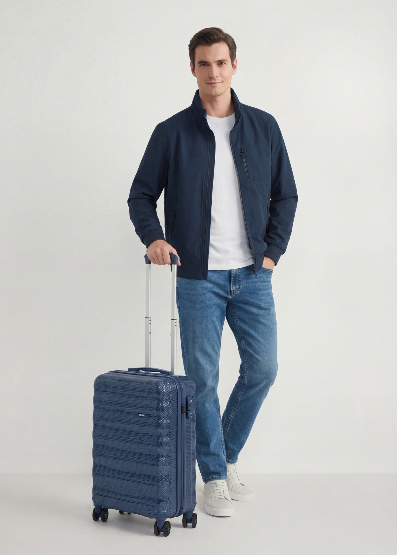 Small suitcase on wheels WALPC-0015-7D-19(W26), front view of the product next to the model's silhouette.