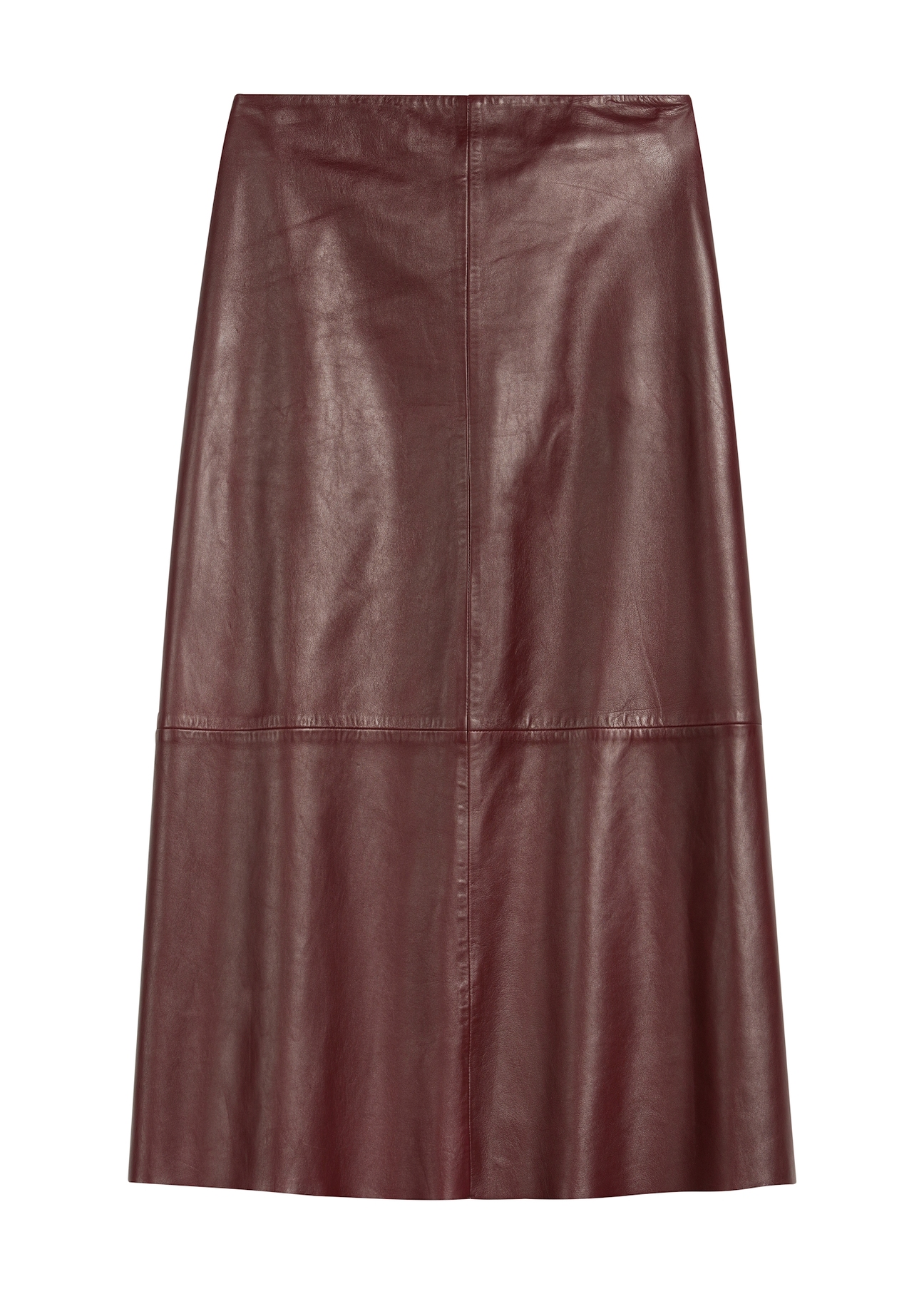 Burgundy leather midi skirt SPCDS-0077-2869(Z25), product view from the front on a white background.