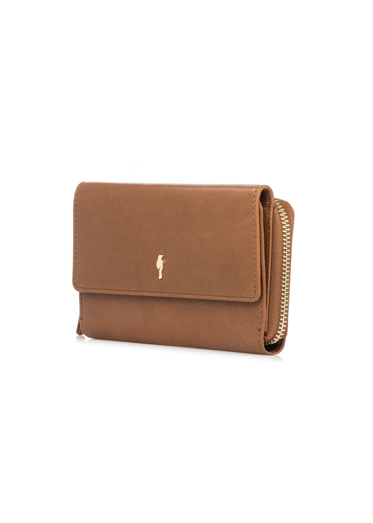 Medium women's wallet in cognac color PORES-0989-1F(W26), diagonal product view on white background.