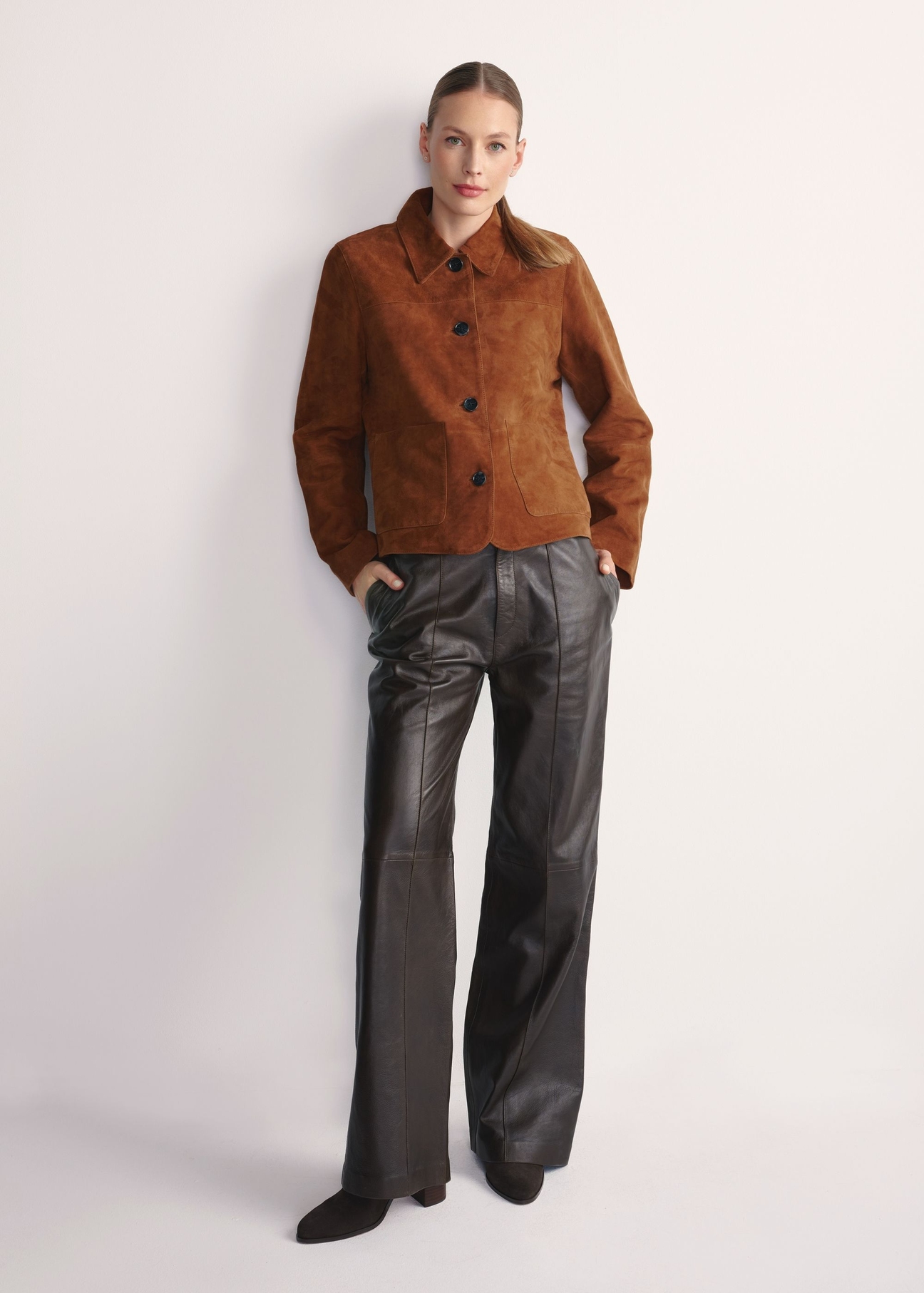 Brown women's suede jacket KURDS-0562-0775(Z25) - front product view on white background. Full silhouette visible.
