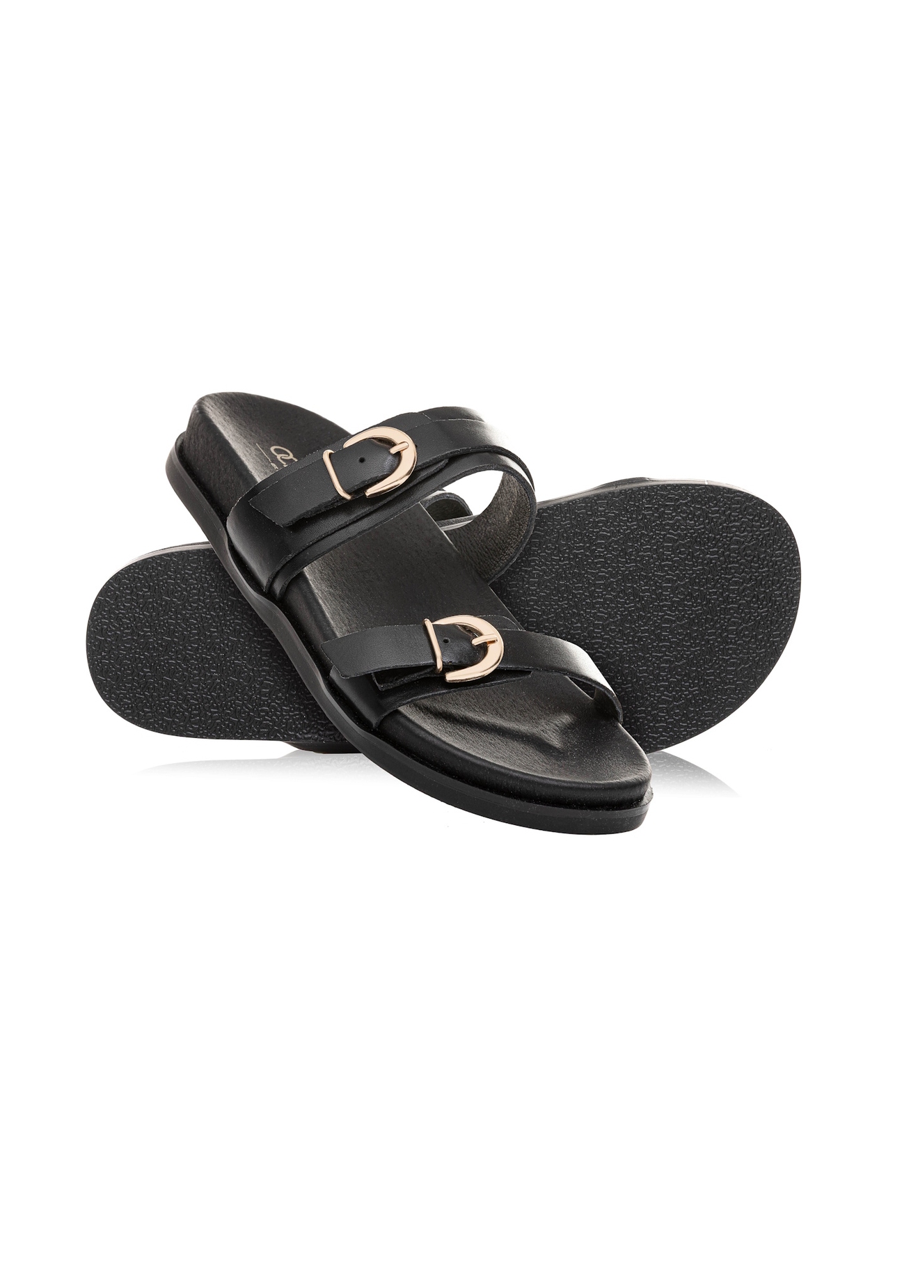 Black women's leather flip-flops BUTYD-1160-99(W25), diagonal product view on white background.
