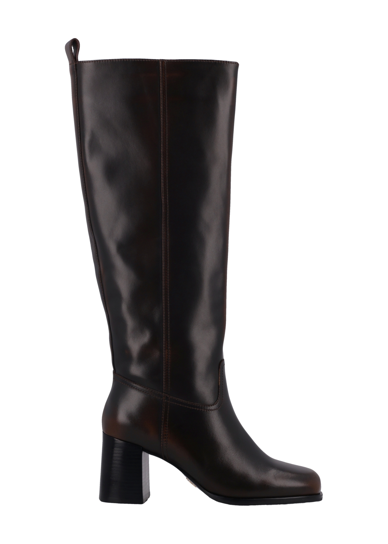 Dark brown leather women's boots with a block heel BUTYD-1335-1I(Z26), side view of the product on a white background.