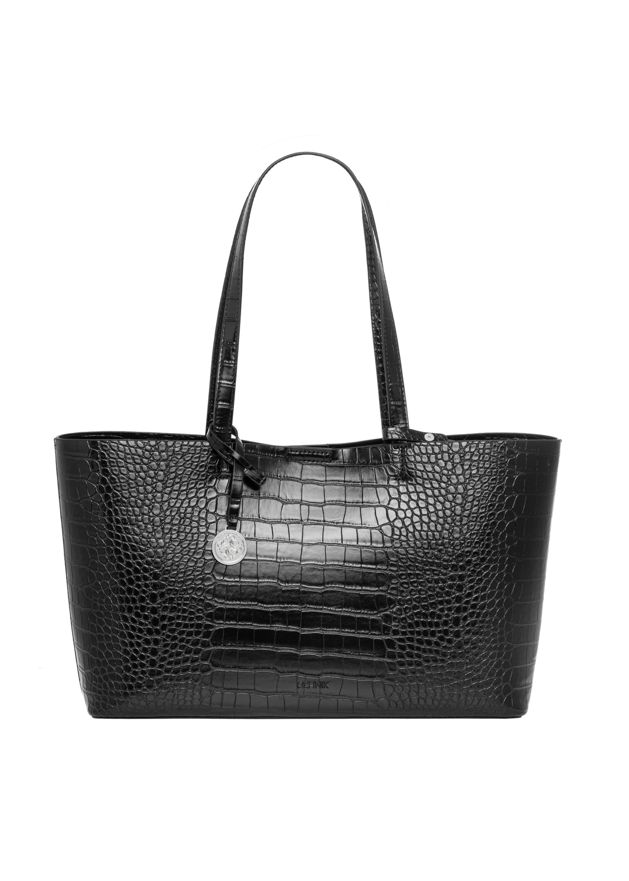 Black women's croco handbag TOREC-1258-9G(Z26), product view from the front on a white background.