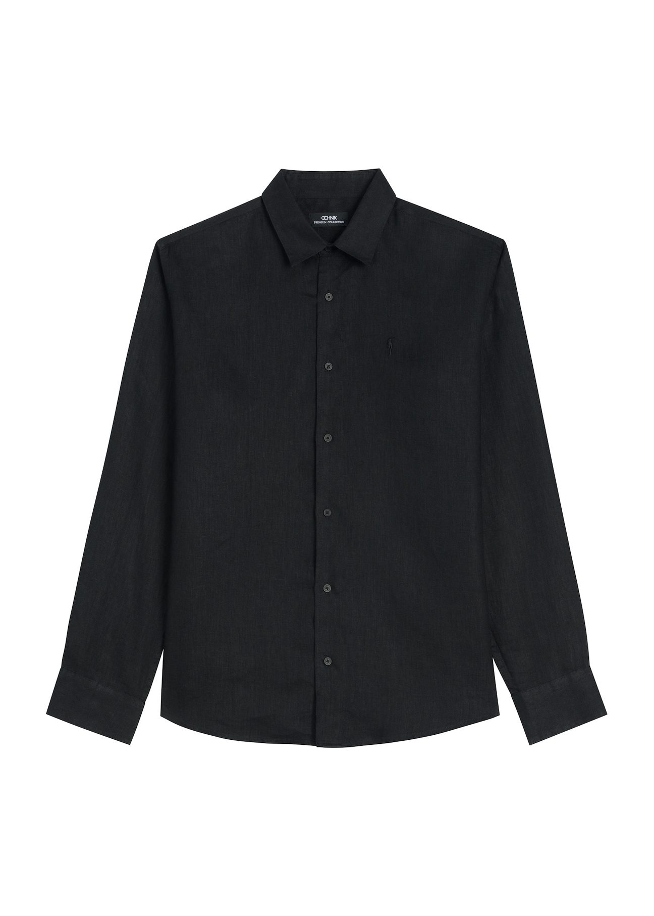 Black linen men's shirt KOSMT-0321A-99(W26), front product view, on white background.