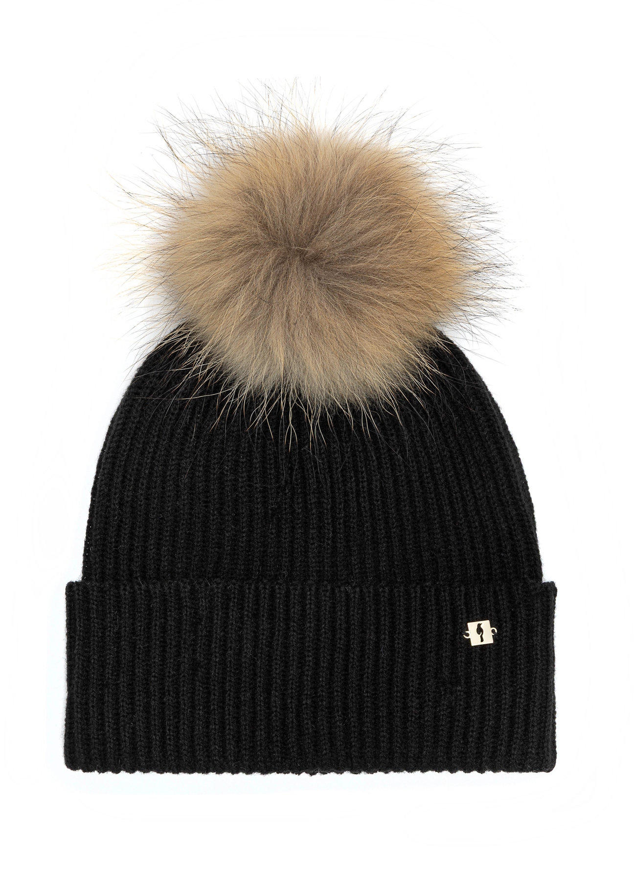 Black women's hat with pompom CZADT-0052A-99(Z25), front product view on white background.