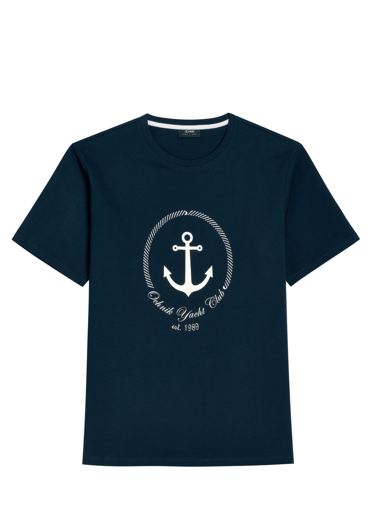 Navy blue men's T-shirt with print TSHMT-0147-7E(W26), front product view, on white background.