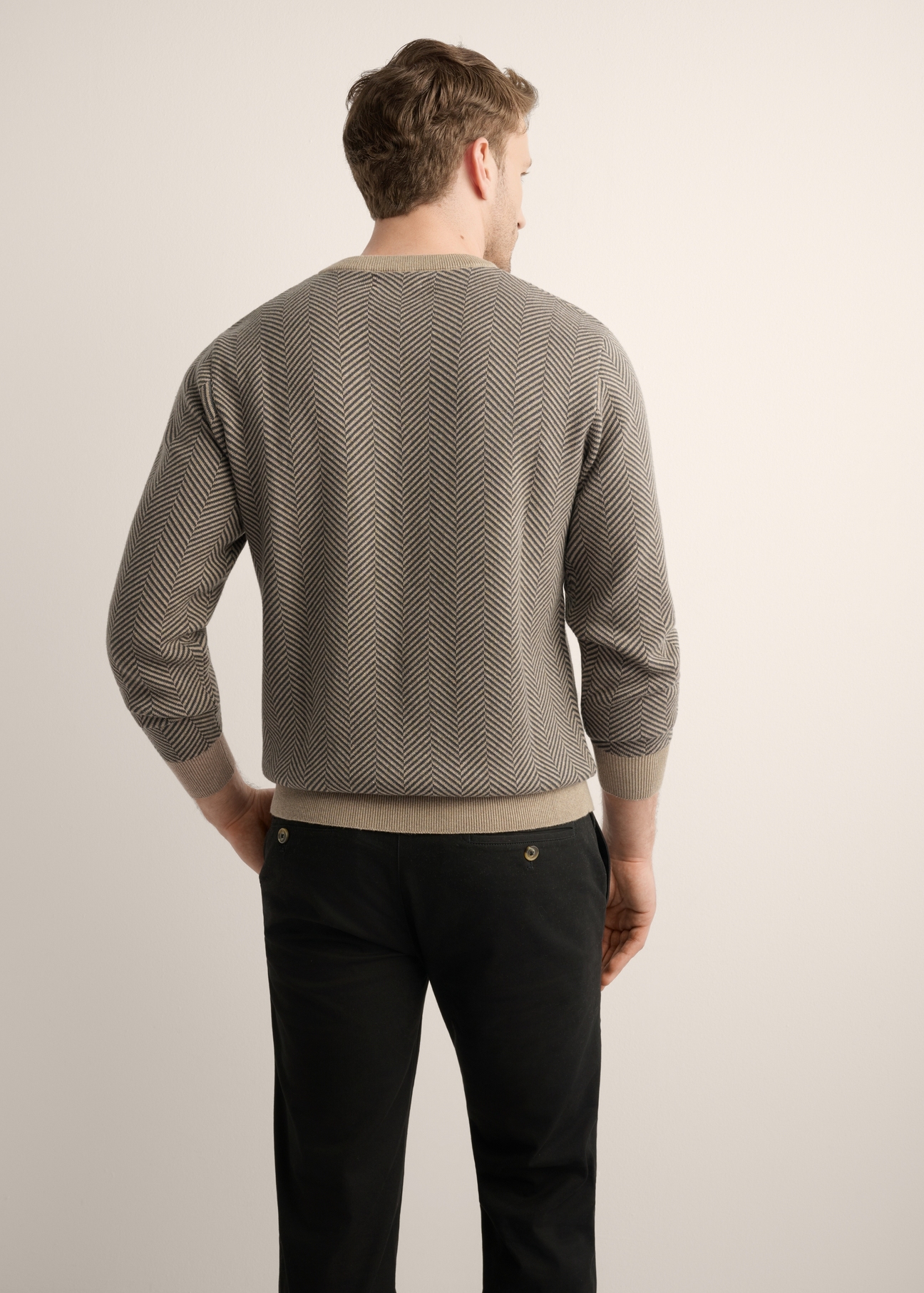 Men's dark beige patterned sweater SWEMT-0195-1D(Z26), back view of the product on the model. Half of the silhouette visible.