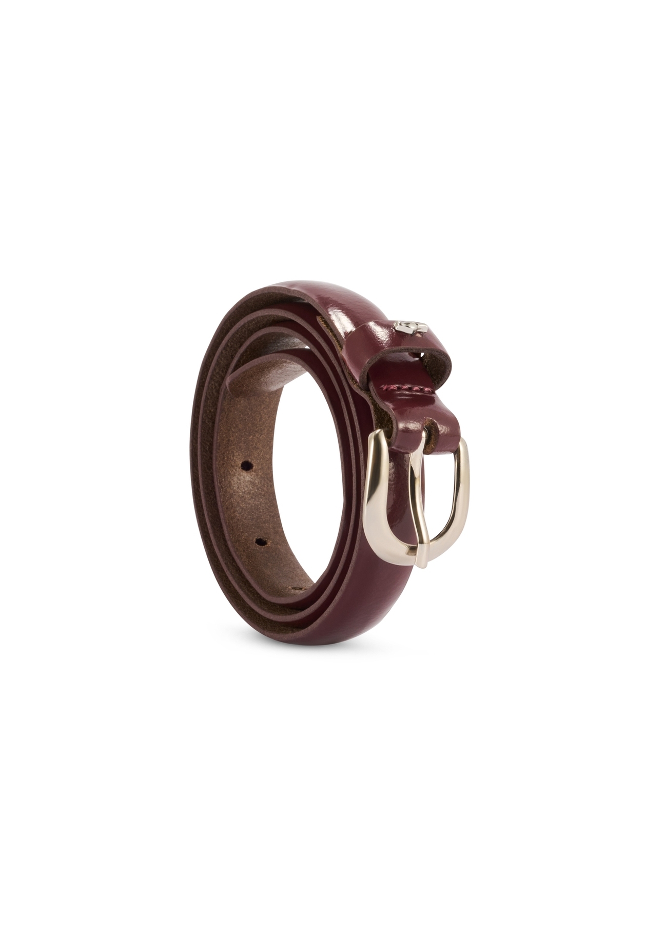 Burgundy thin women's leather belt PASDS-0281-49(Z25), product view rolled up on white background.
